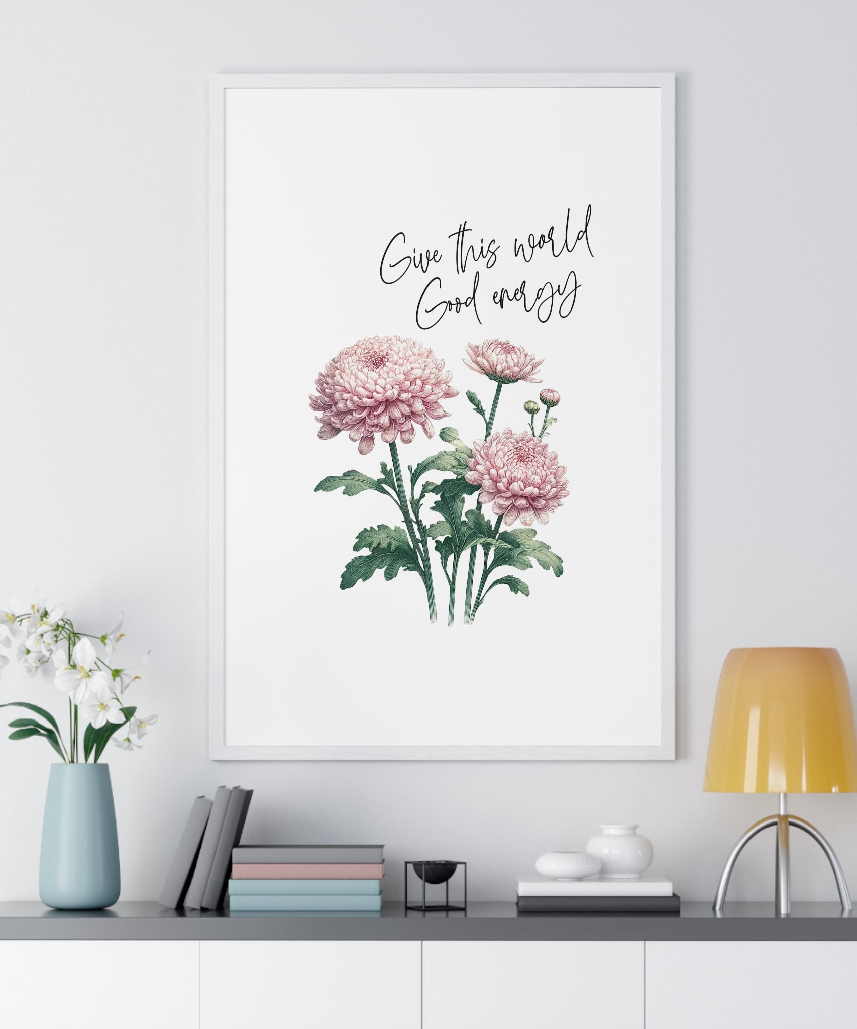 November Birth Month Flower Wall Art – Chrysanthemum Illustration with Inspirational Quote in Wooden Frame | Good Energy & Joy