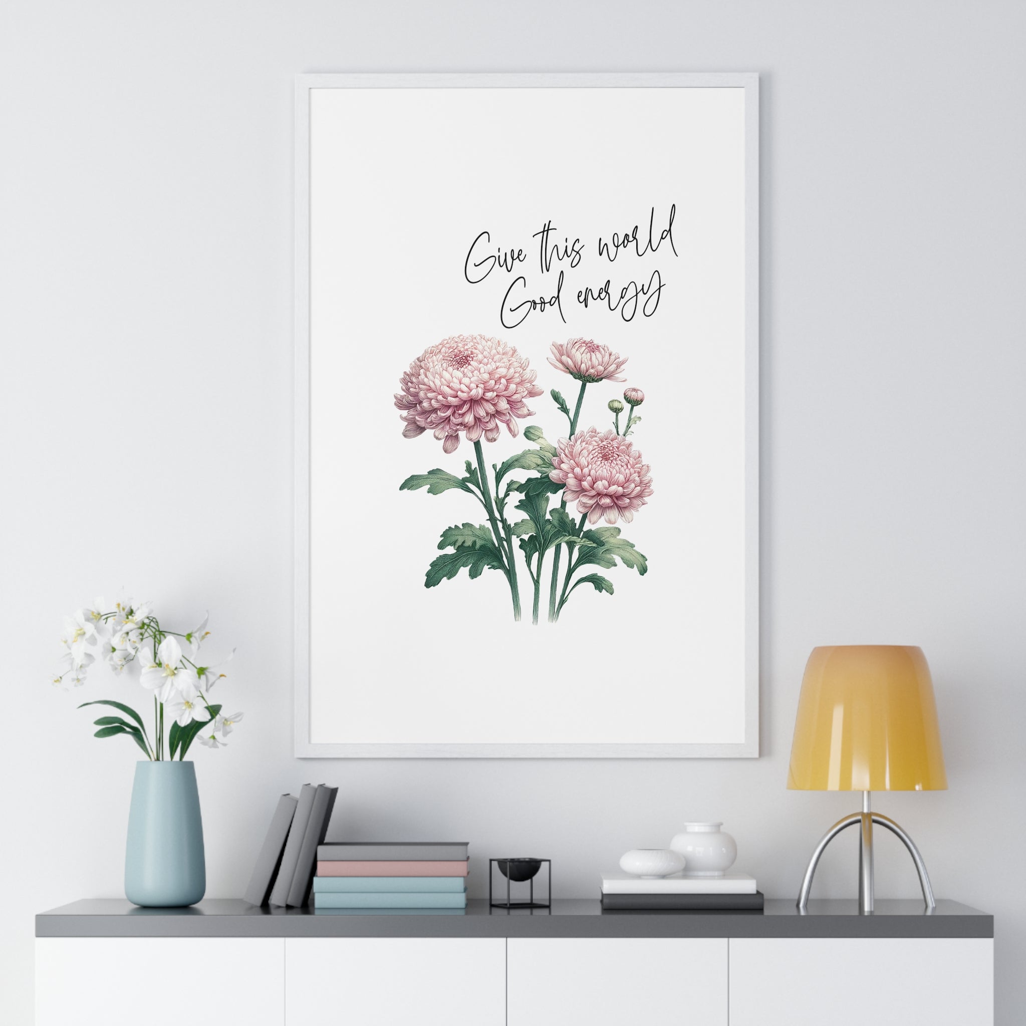 November Birth Month Flower Wall Art – Chrysanthemum Illustration with Inspirational Quote in Wooden Frame | Good Energy & Joy