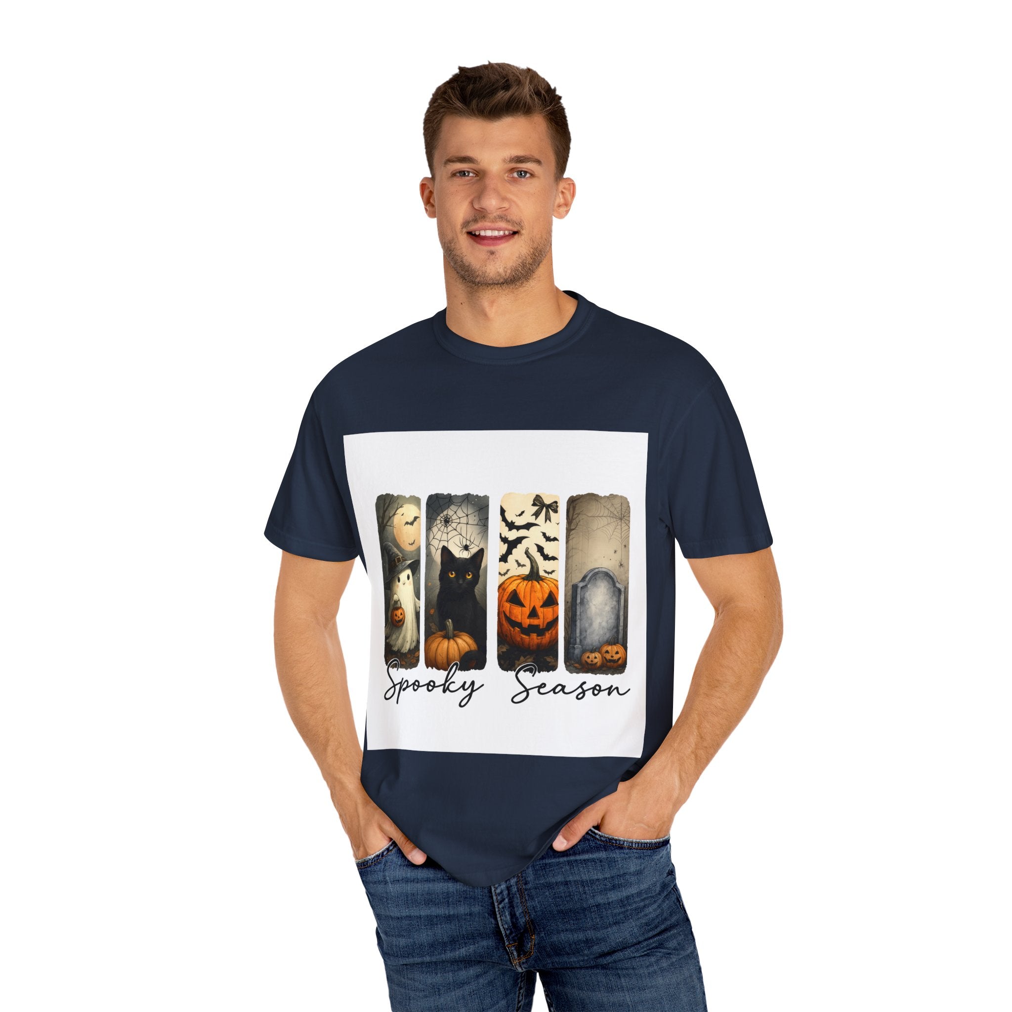 Halloween Night Unisex T-Shirt – Ghost, Black Cat, Pumpkin & Tombstone Vintage Art