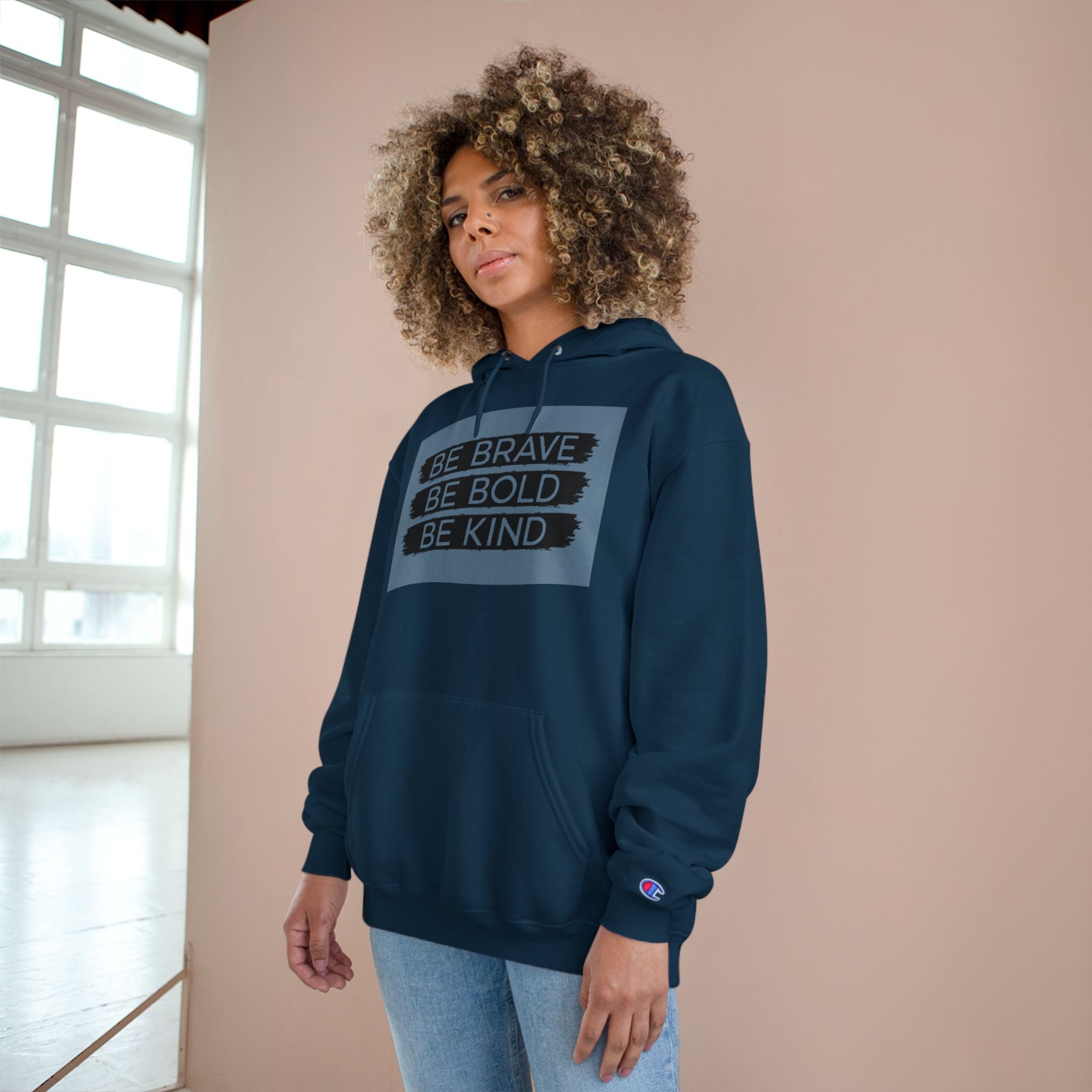 Champion Hoodie - Bold, Brave, Kind Minimalist Hand Sign Print