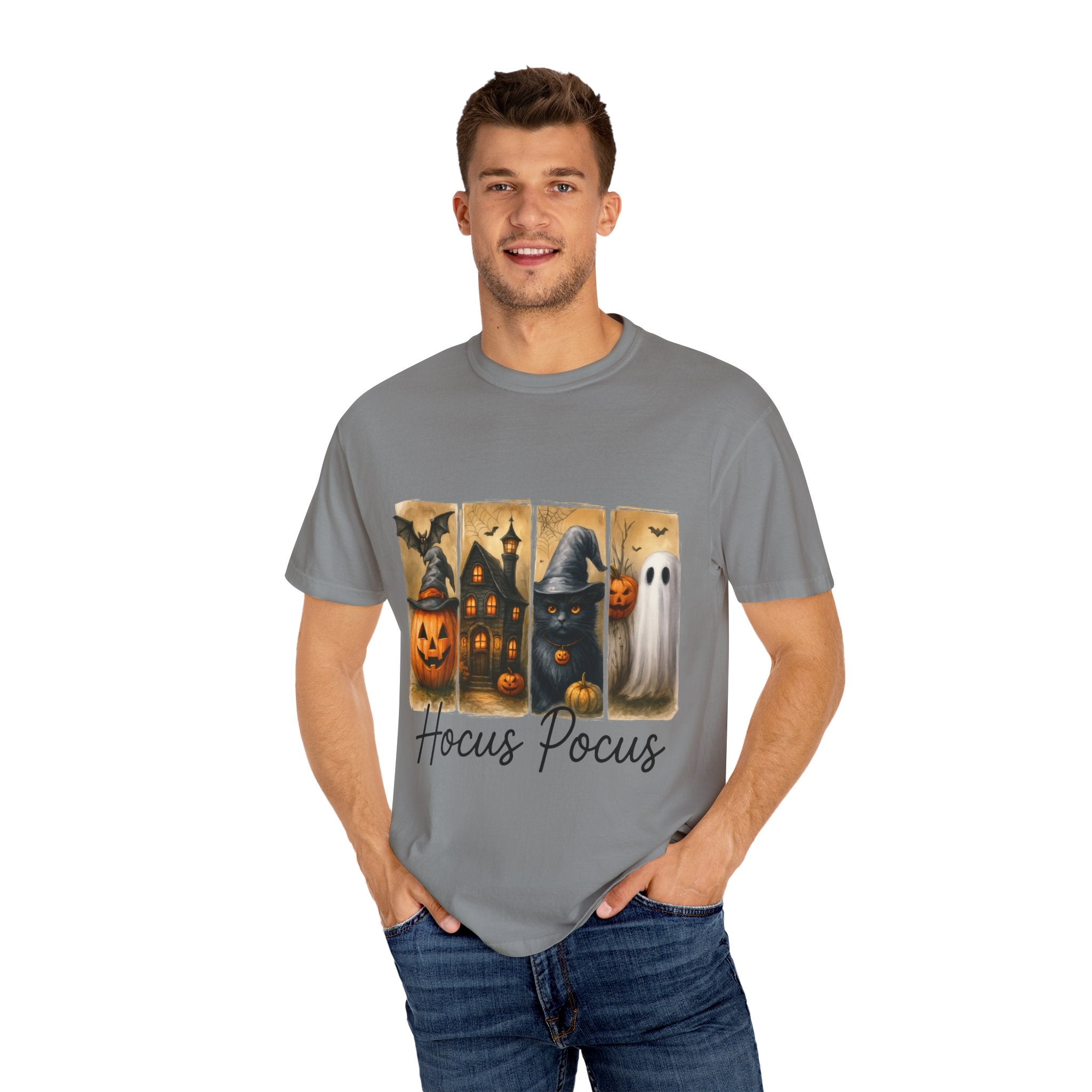 Hocus Pocus Halloween Unisex T-Shirt – Witchy Cat, Haunted House, Pumpkin & Ghost Art