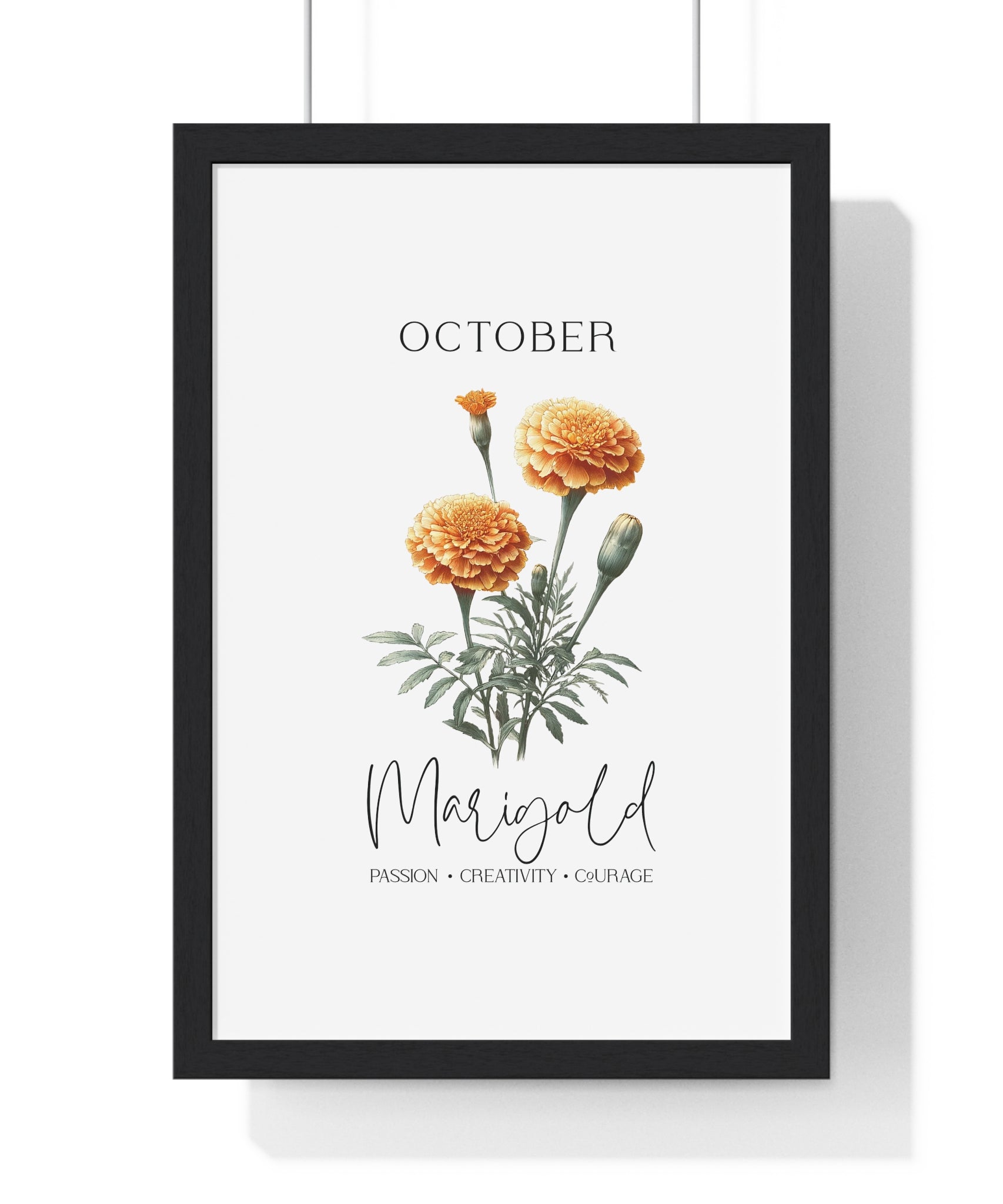 October Birth Month Flower Wall Art – Marigold Illustration in Wooden Frame | Passion, Creativity & Courage