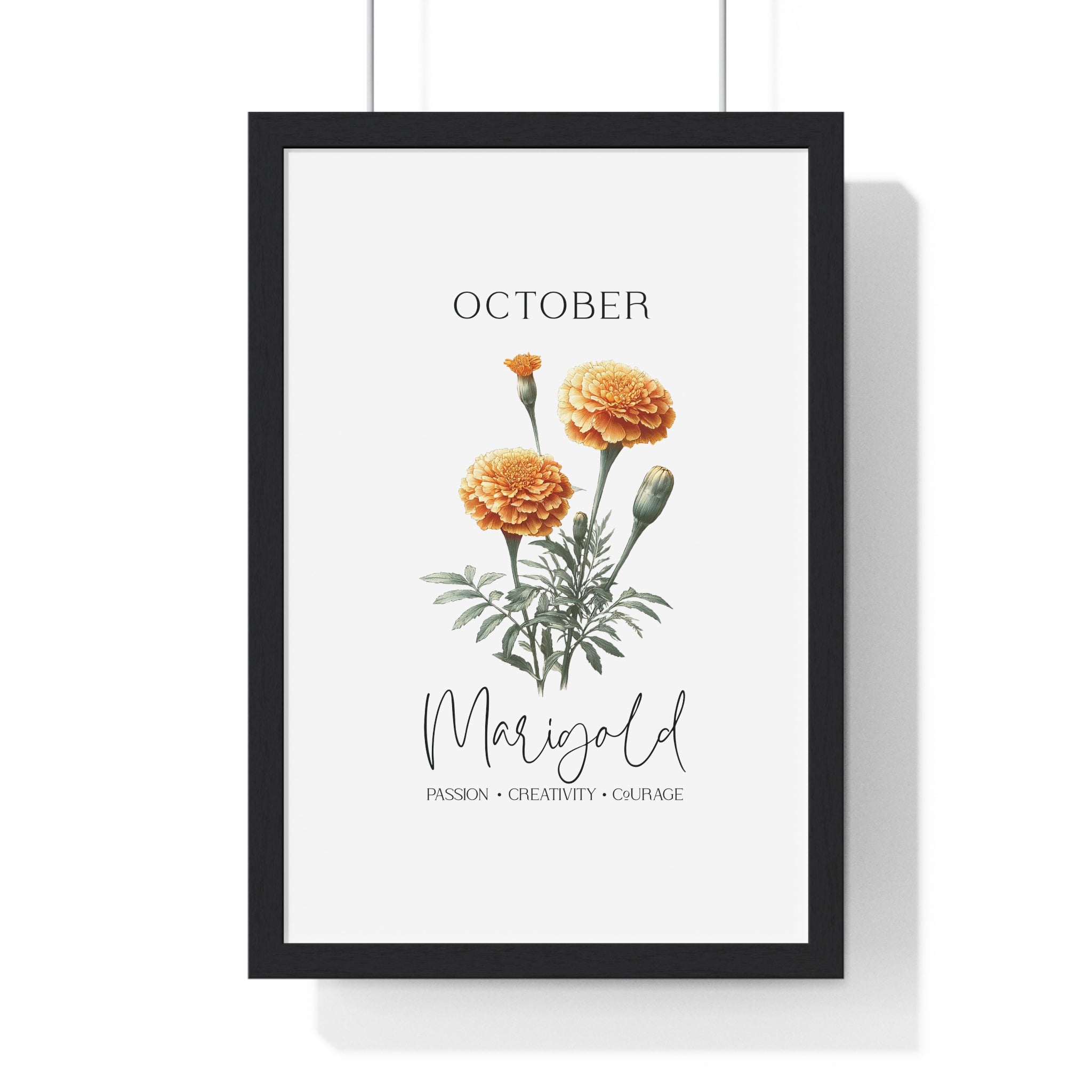 October Birth Month Flower Wall Art – Marigold Illustration in Wooden Frame | Passion, Creativity & Courage