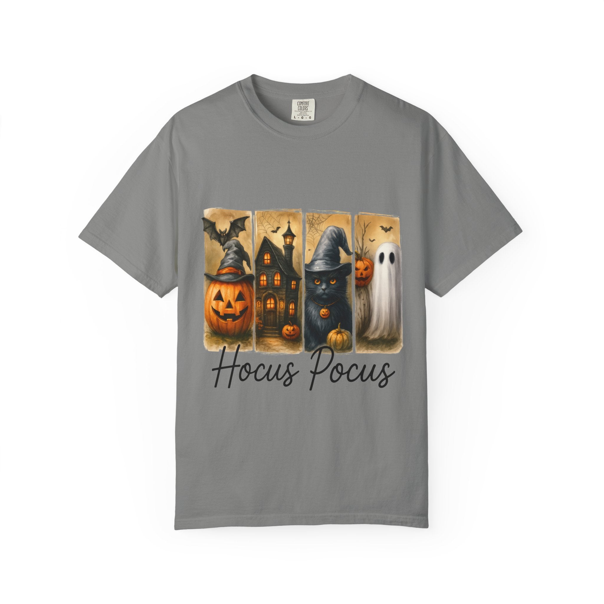 Hocus Pocus Halloween Unisex T-Shirt – Witchy Cat, Haunted House, Pumpkin & Ghost Art