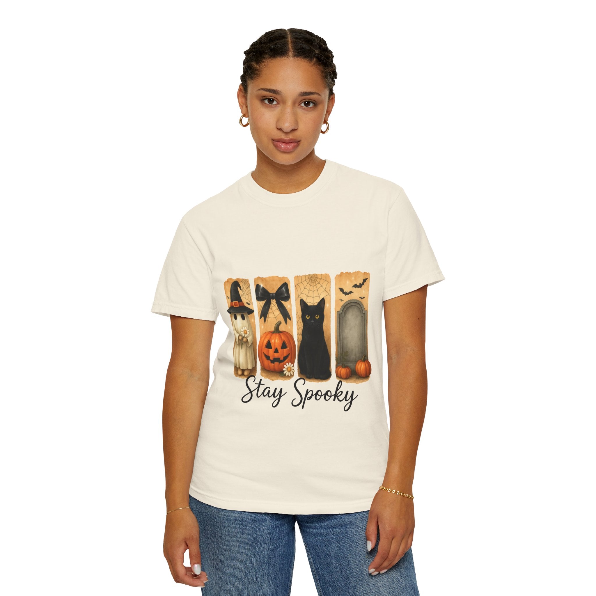 Cute Halloween T-Shirt – Ghost in Witch Hat, Pumpkin, Black Cat & Tombstone Design