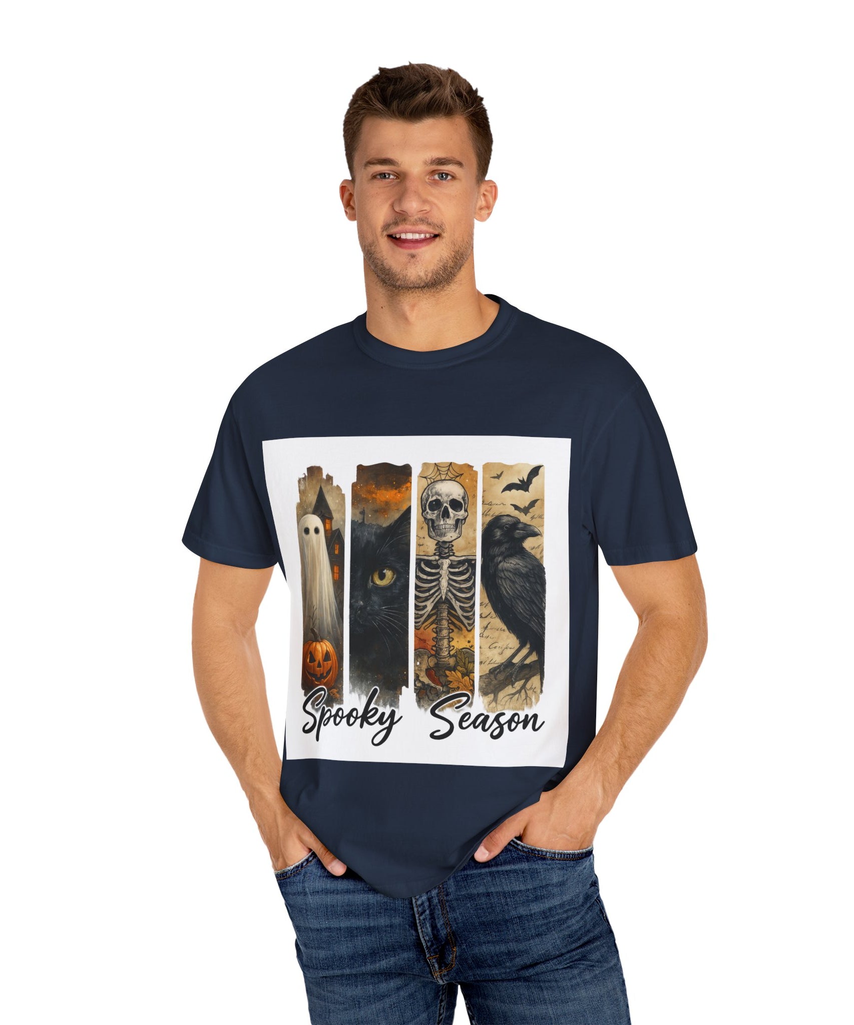 Spooky Season Gothic Halloween T-Shirt – Ghost, Black Cat, Skeleton & Raven Design - Gallory Hive
