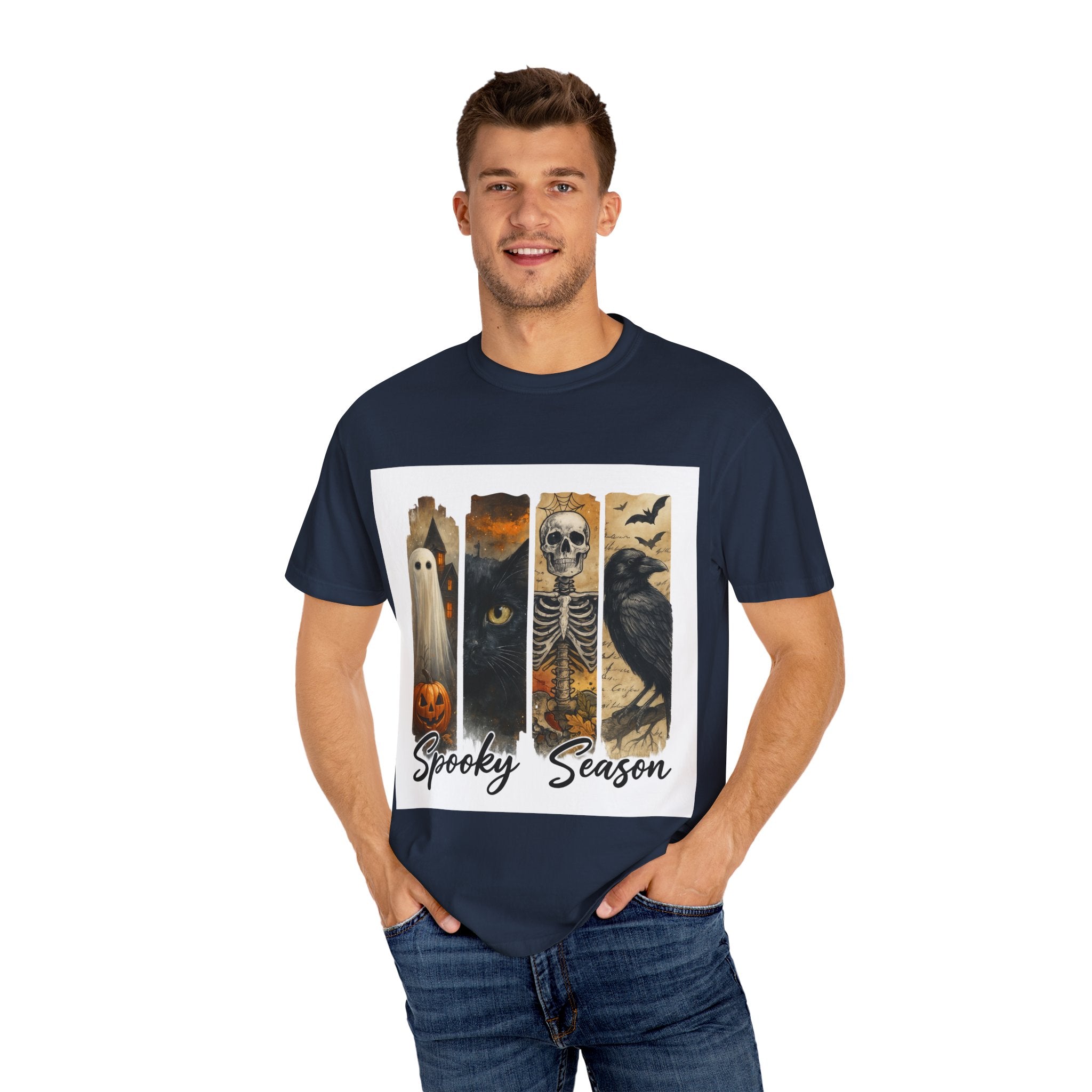 Spooky Season Gothic Halloween T-Shirt – Ghost, Black Cat, Skeleton & Raven Design