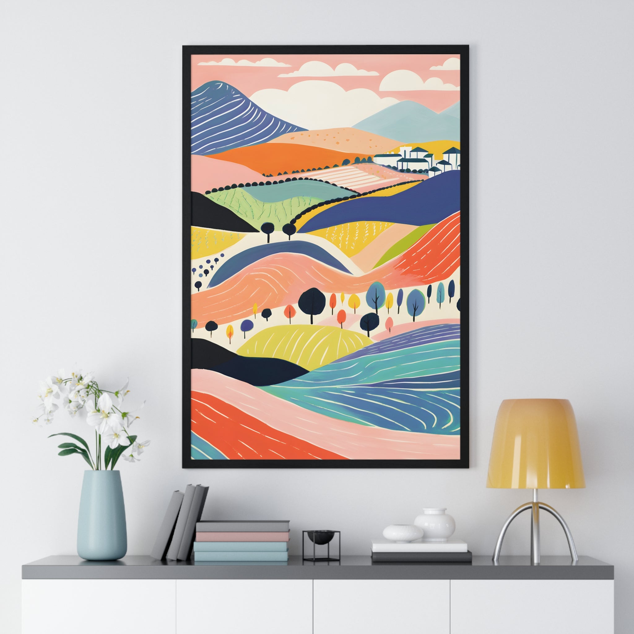 Colorful Landscape Art – Premium Wooden Framed Poster with Hills, Trees & Village