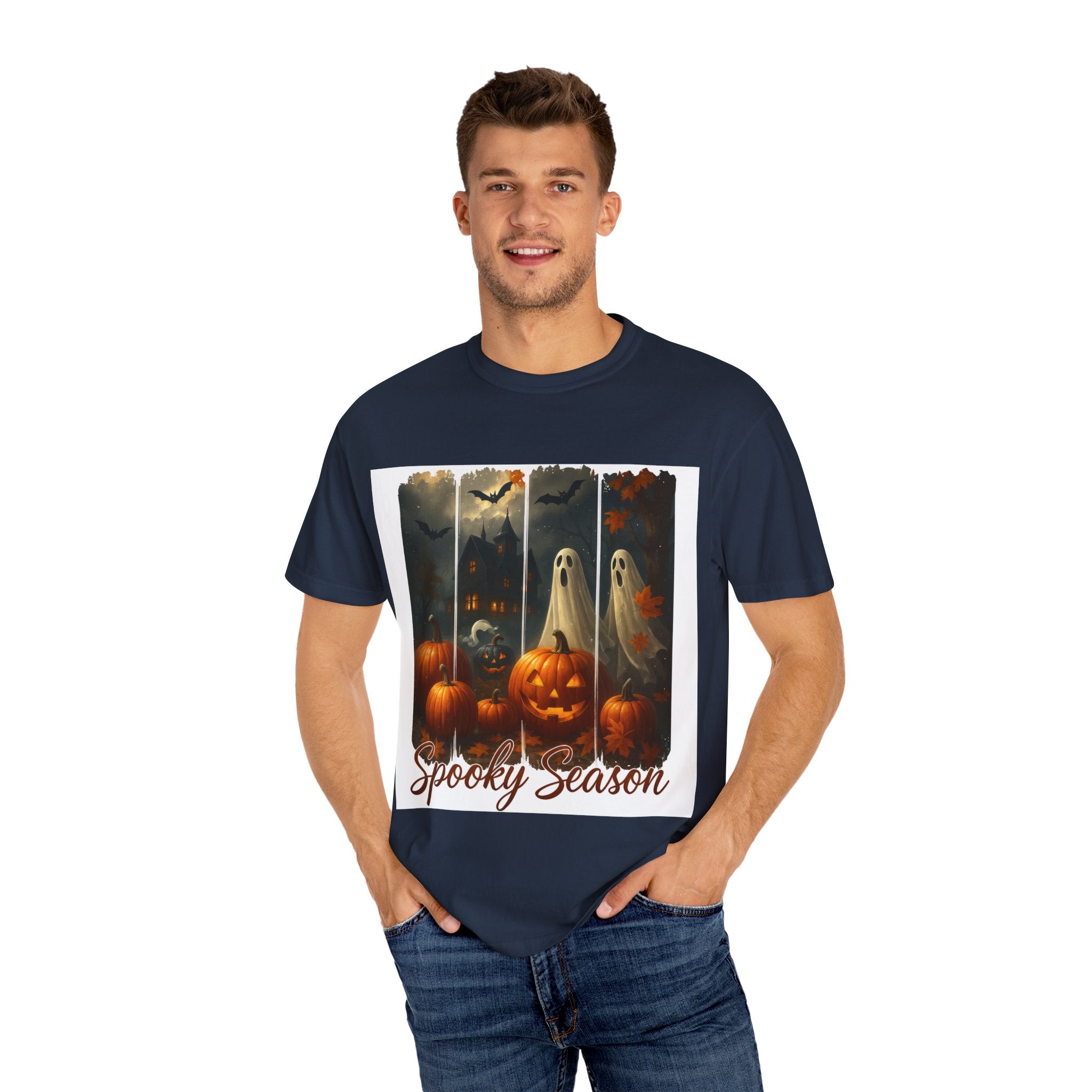 Spooky Season Unisex Halloween T-Shirt – Haunted House, Pumpkins & Ghosts Fall Design