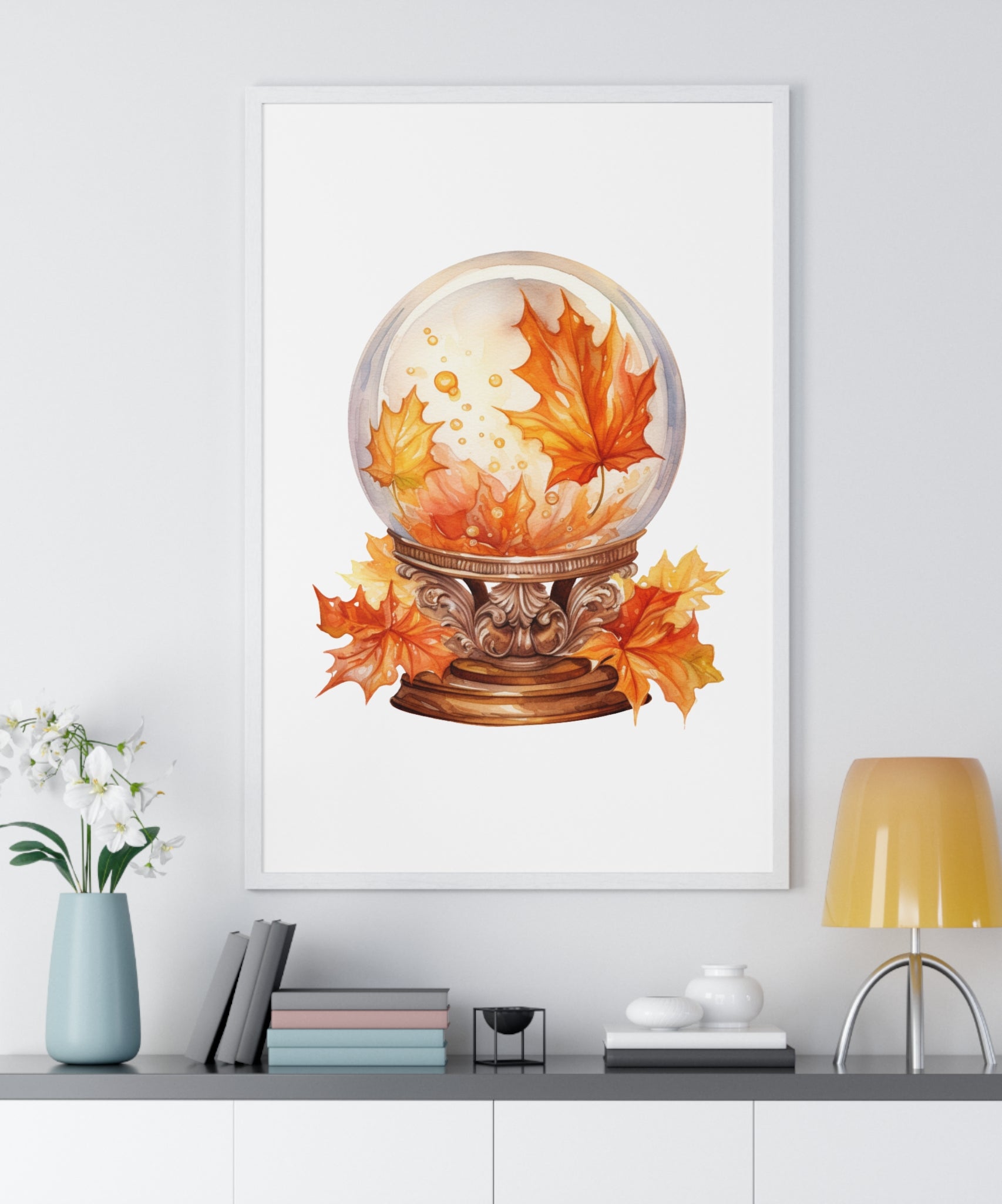 Floating Leaves Snow Globe Wall Art – Ornate Autumn Fantasy Poster | Wooden Frame Seasonal Home Decor