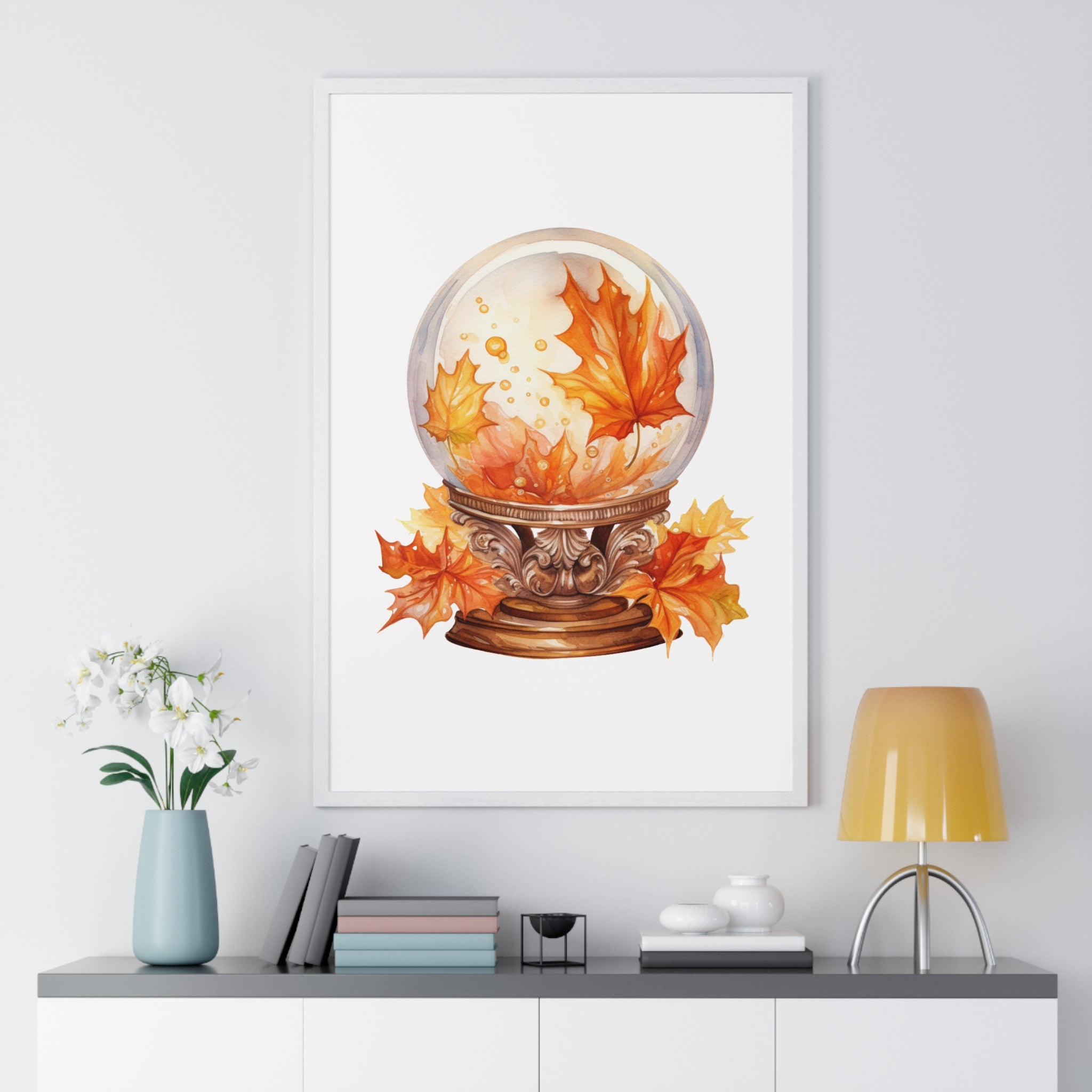 Floating Leaves Snow Globe Wall Art – Ornate Autumn Fantasy Poster | Wooden Frame Seasonal Home Decor