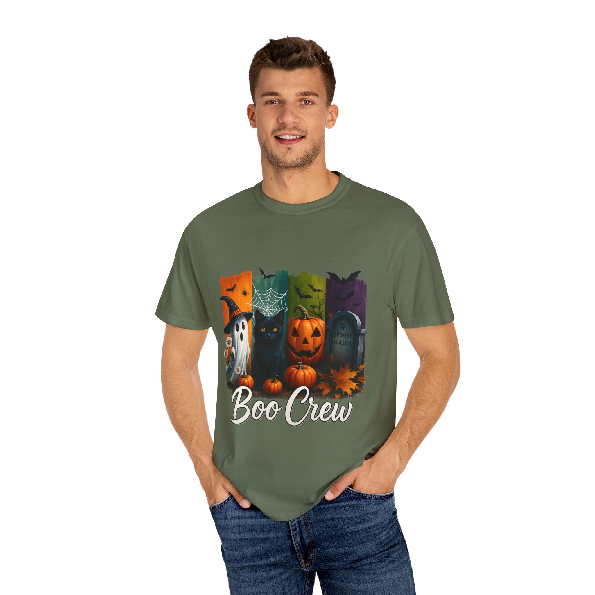 Boo Crew Halloween Unisex T-Shirt – Cute Ghost, Black Cat, Pumpkin & Tombstone Design
