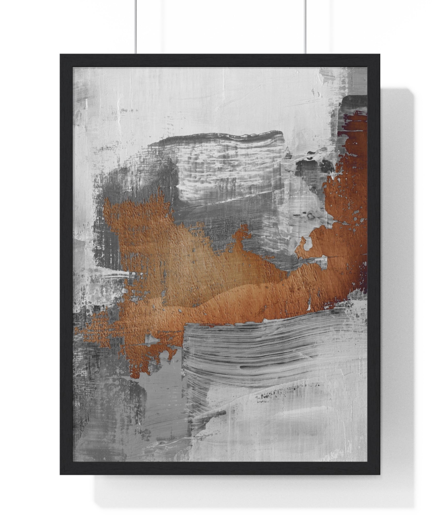 Textured Abstract Wall Art – Grey, Copper & White Modern Brushstroke Poster on Wooden Frame