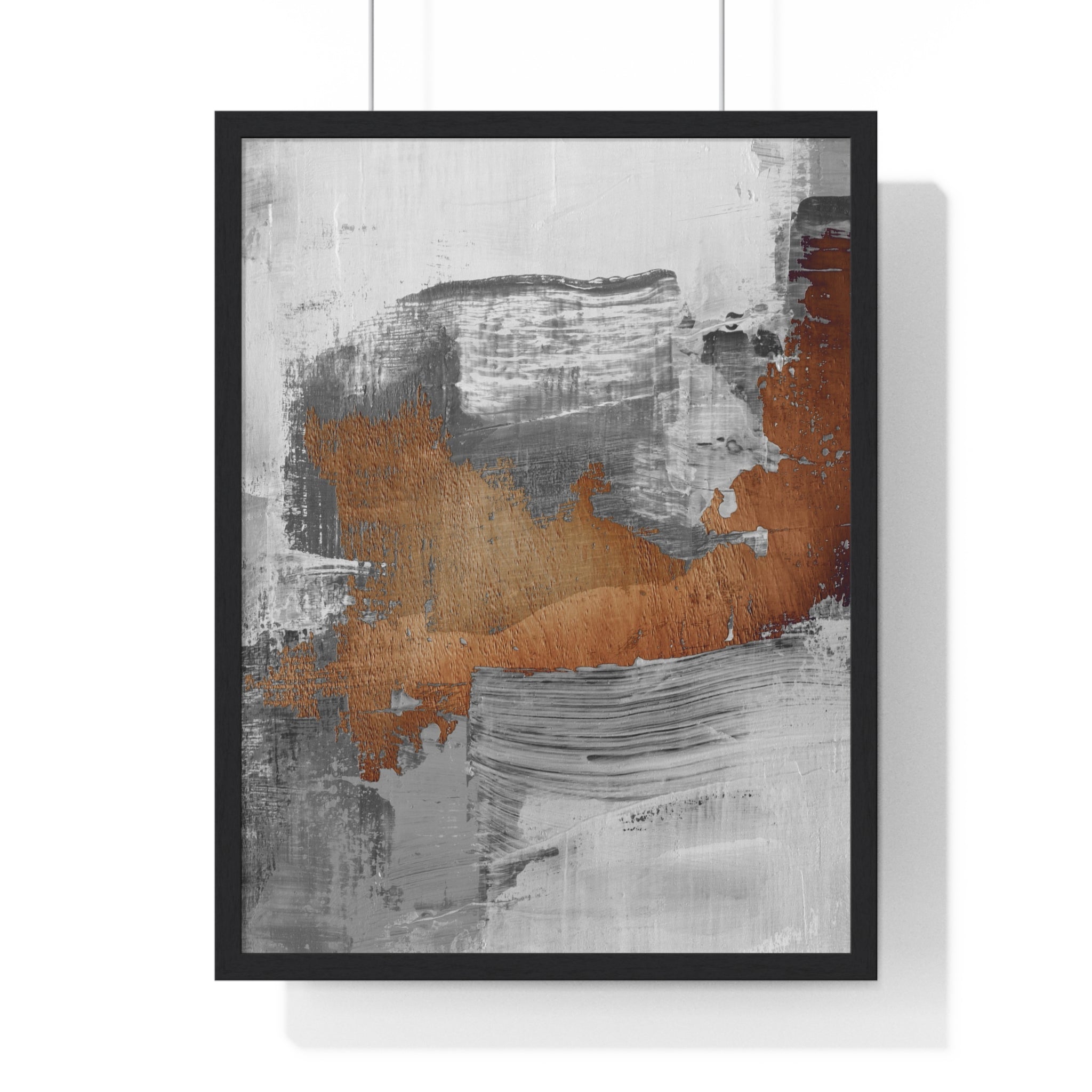 Textured Abstract Wall Art – Grey, Copper & White Modern Brushstroke Poster on Wooden Frame