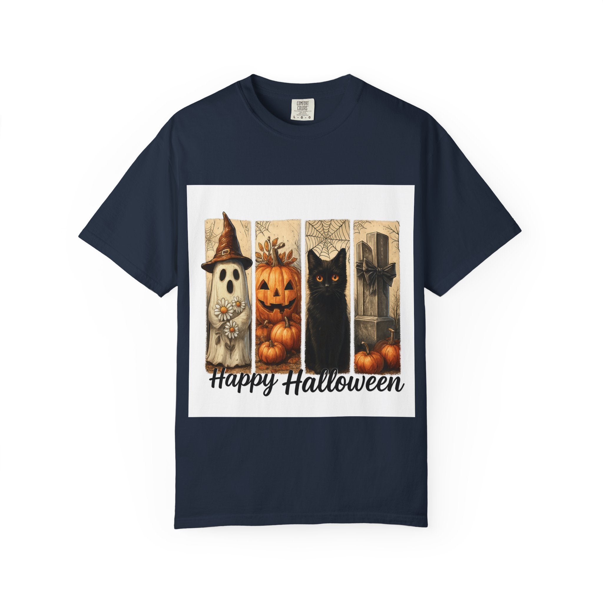 Happy Halloween Unisex T-Shirt – Ghost, Black Cat & Pumpkin Graphic Tee