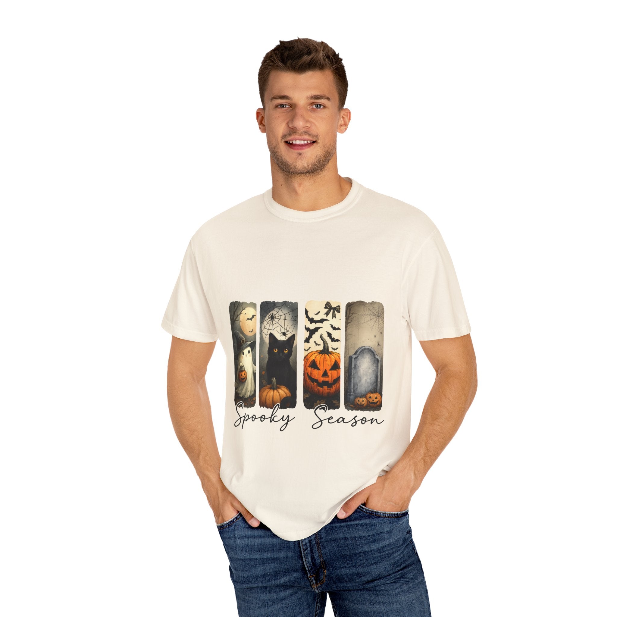 Halloween Night Unisex T-Shirt – Ghost, Black Cat, Pumpkin & Tombstone Vintage Art