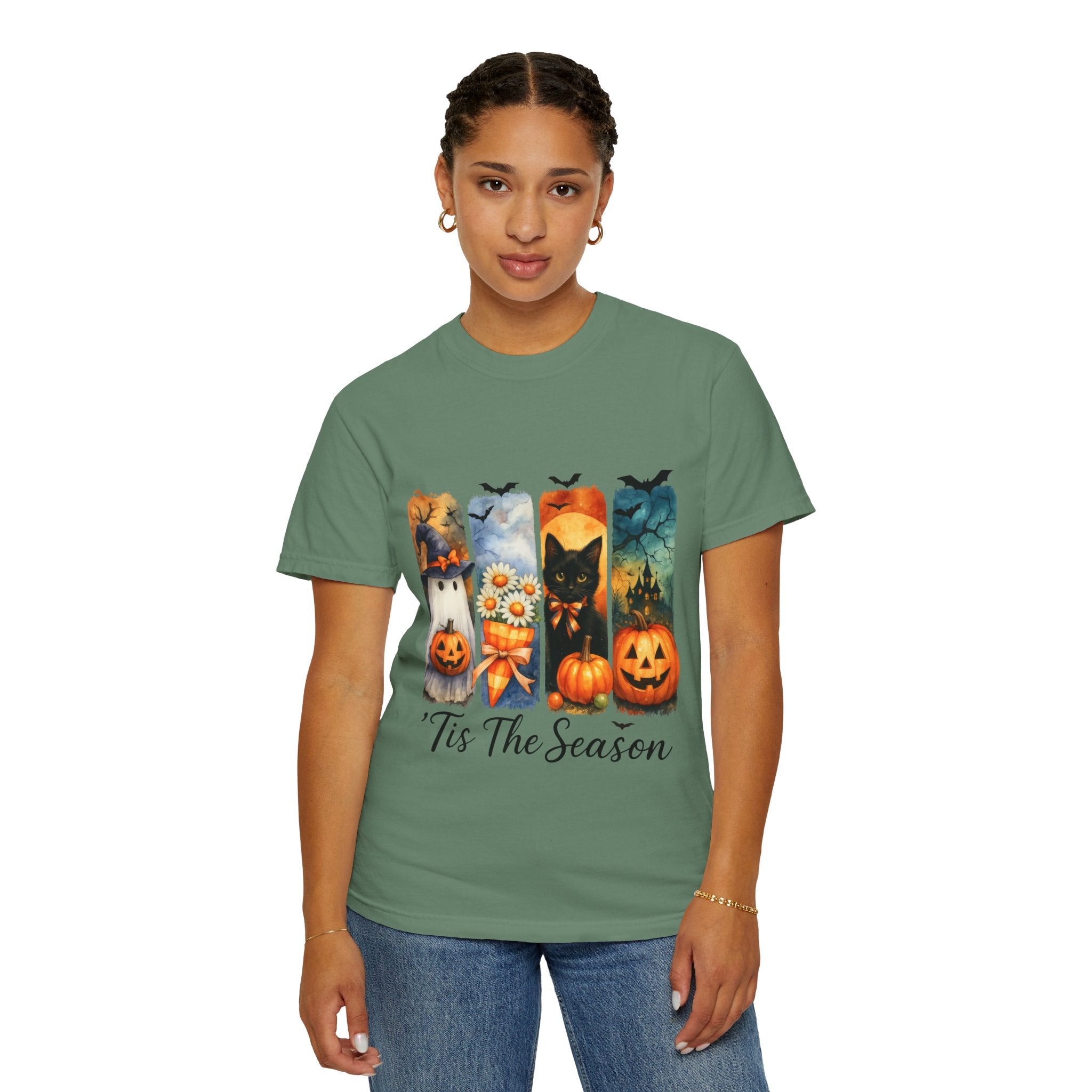Whimsical Halloween T-Shirt – Ghost, Black Cat, Pumpkins & Haunted House Design