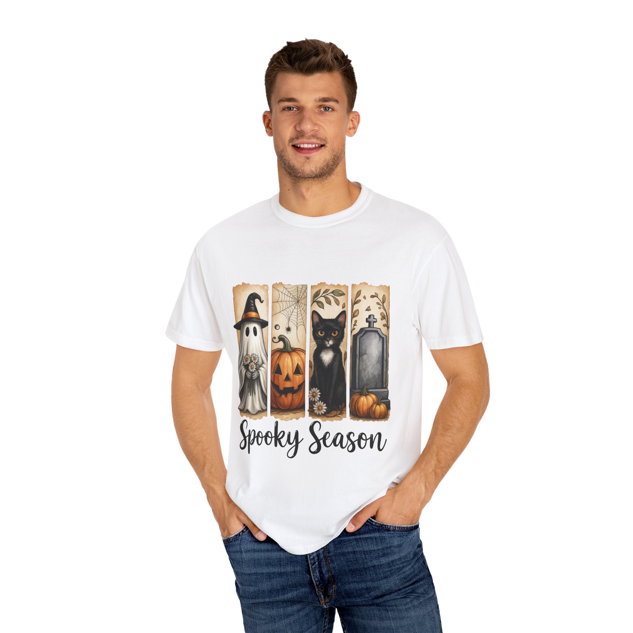 Spooky Season Halloween Unisex T-Shirt – Ghost, Cat & Pumpkin Design