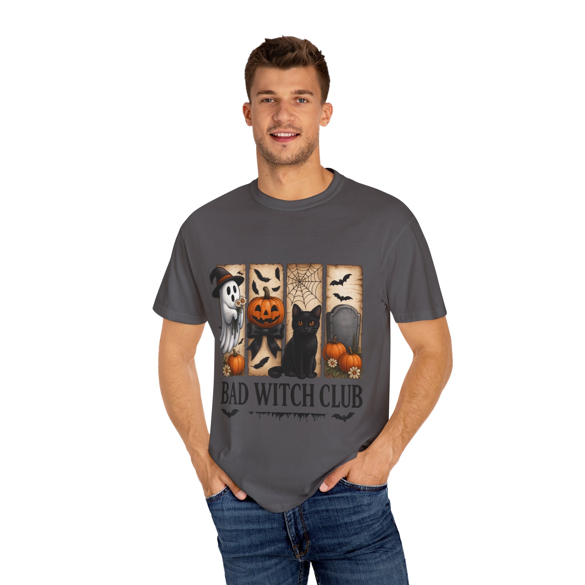 Bad Witch Club Halloween T-Shirt – Cute Ghost, Black Cat, Pumpkin & Spooky Gothic Design