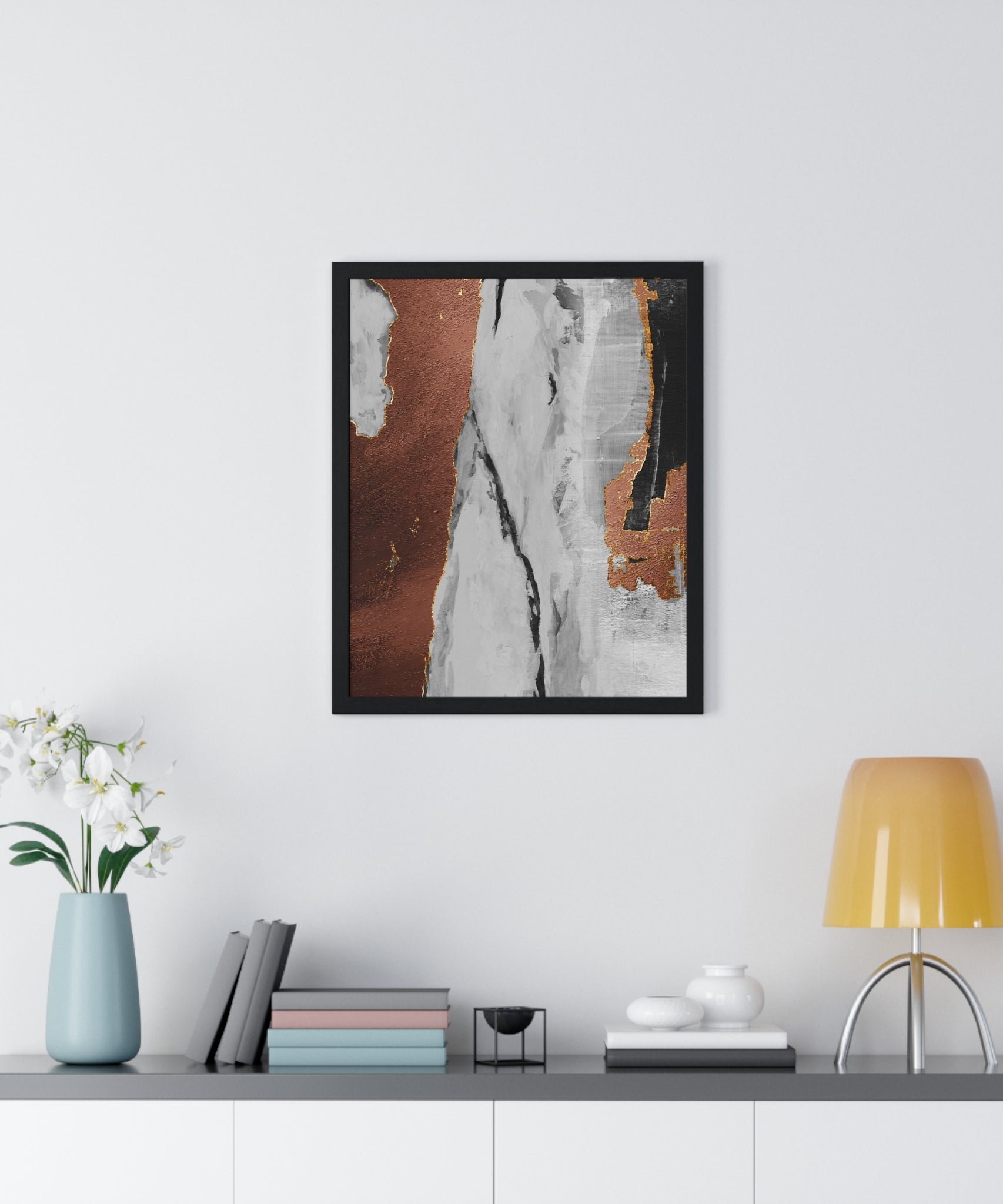 Luxury Abstract Wall Art Poster – Metallic Copper & Marble Texture on Wooden Frame – Modern Home Décor