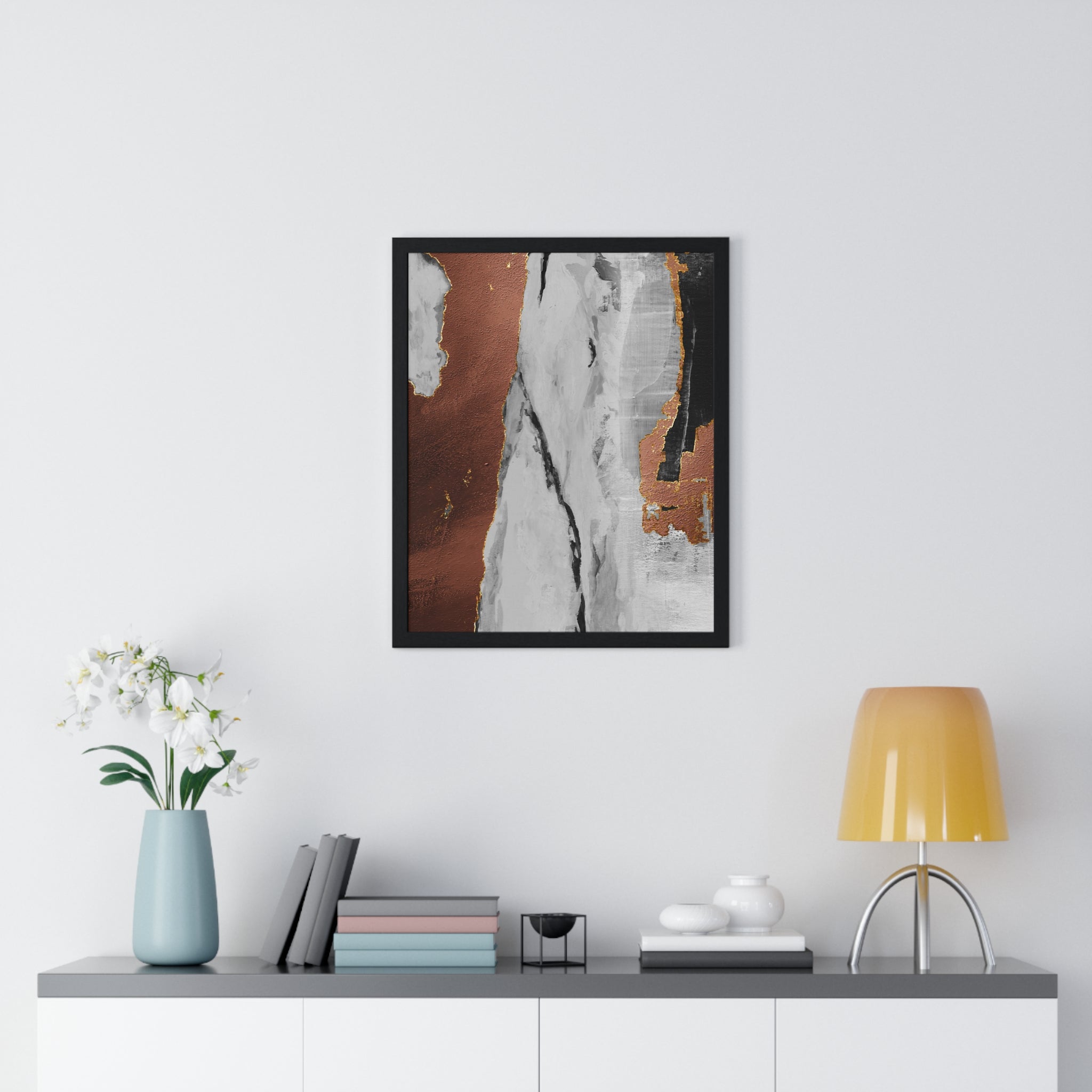 Luxury Abstract Wall Art Poster – Metallic Copper & Marble Texture on Wooden Frame – Modern Home Décor