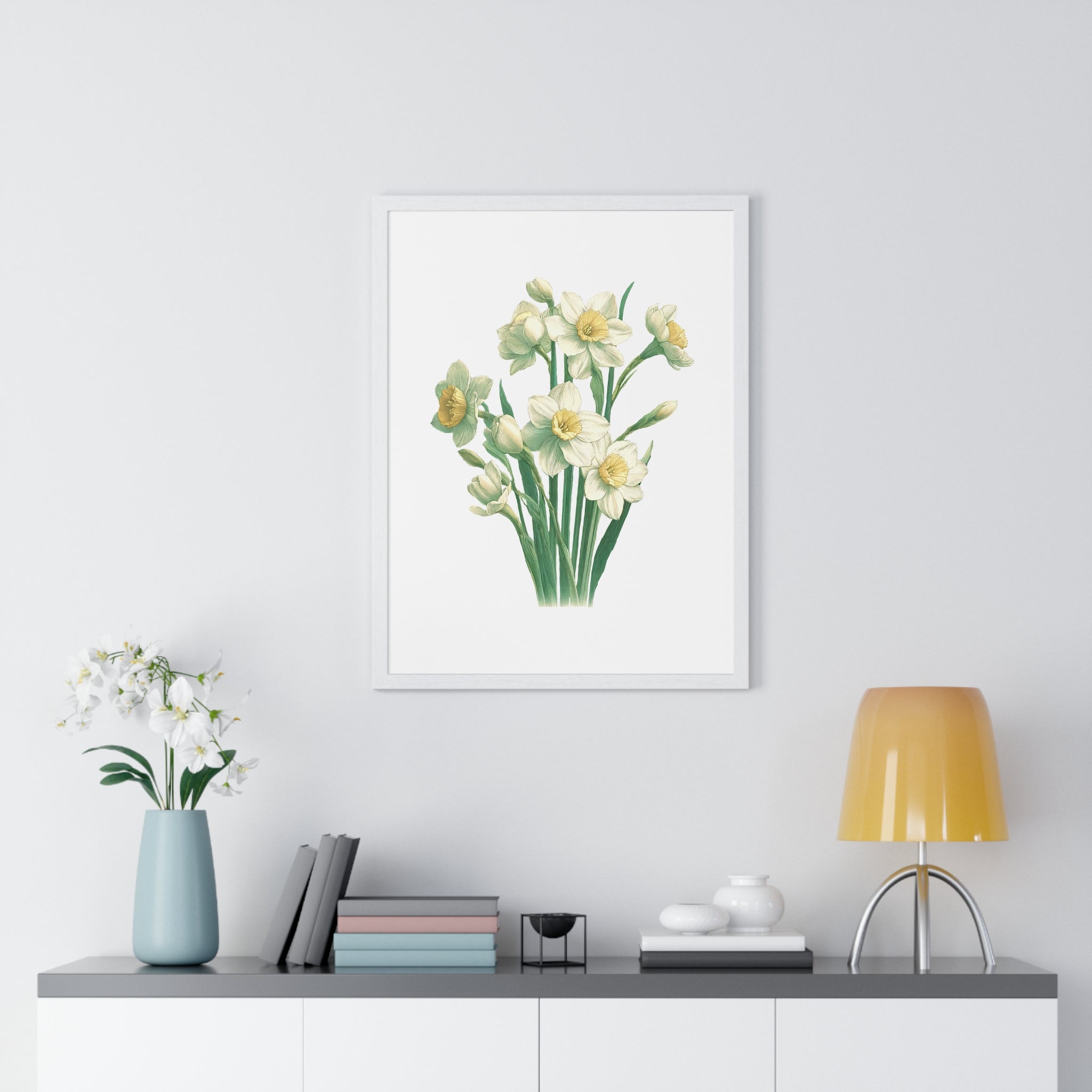 December Birth Month Flower Wall Art – Narcissus Botanical Illustration in Wooden Frame | Hope, Good Fortune & Renewal