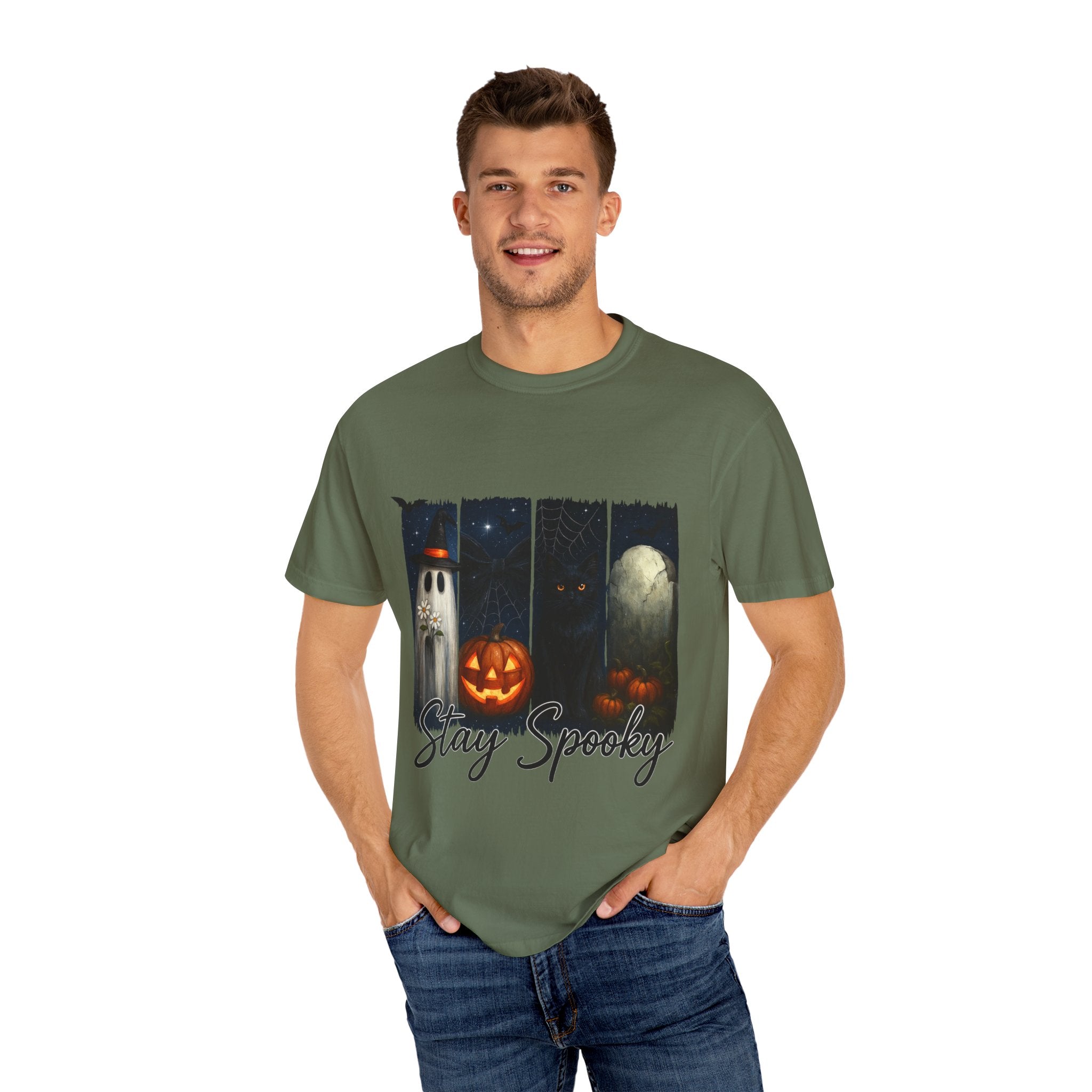 Stay Spooky Halloween T-Shirt – Cute Ghost, Black Cat, Pumpkin & Graveyard Design