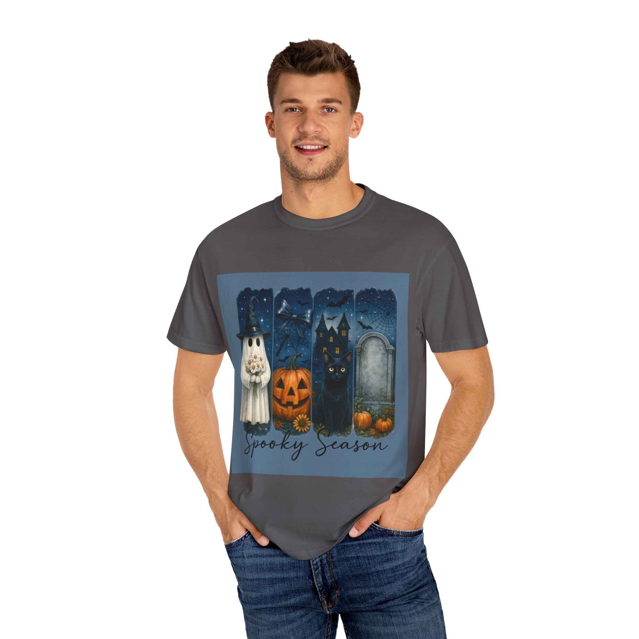 Spooky Season Halloween T-Shirt – Ghost, Black Cat, Pumpkin & Haunted House Design