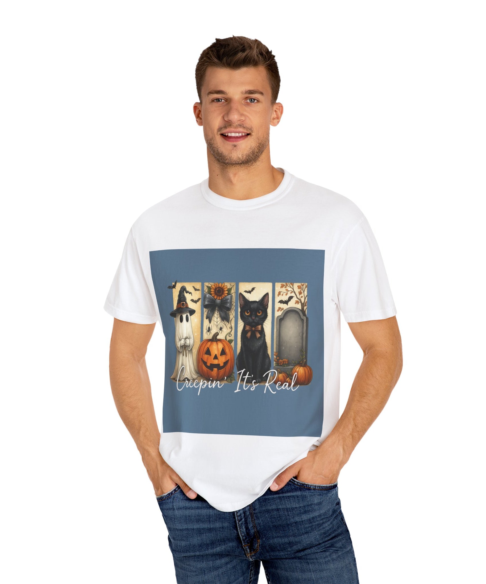 Creepin’ It’s Real Halloween T-Shirt – Cute Ghost, Pumpkin, Black Cat & Tombstone Design - Gallory Hive