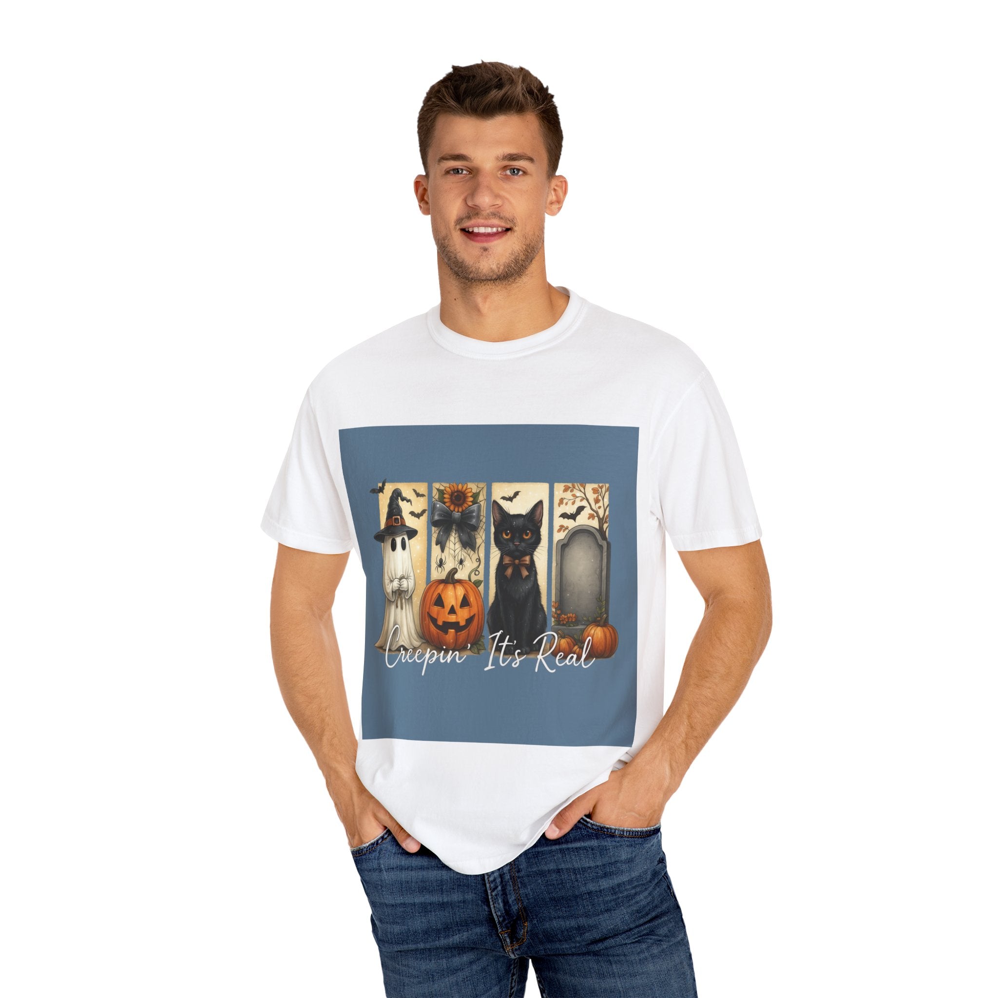 Creepin’ It’s Real Halloween T-Shirt – Cute Ghost, Pumpkin, Black Cat & Tombstone Design