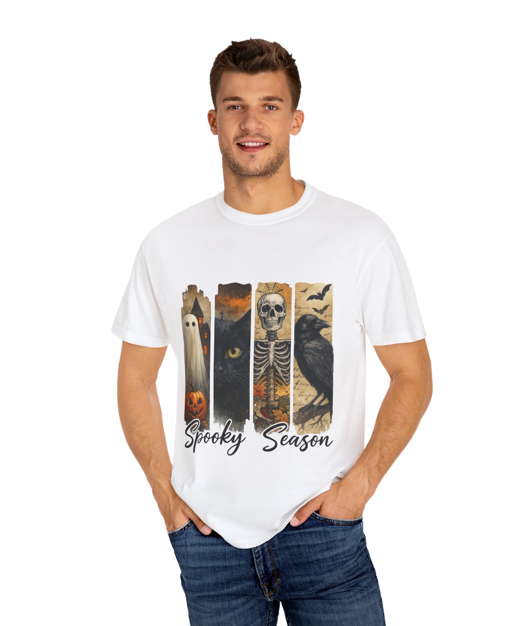 Spooky Season Gothic Halloween T-Shirt – Ghost, Black Cat, Skeleton & Raven Design - Gallory Hive