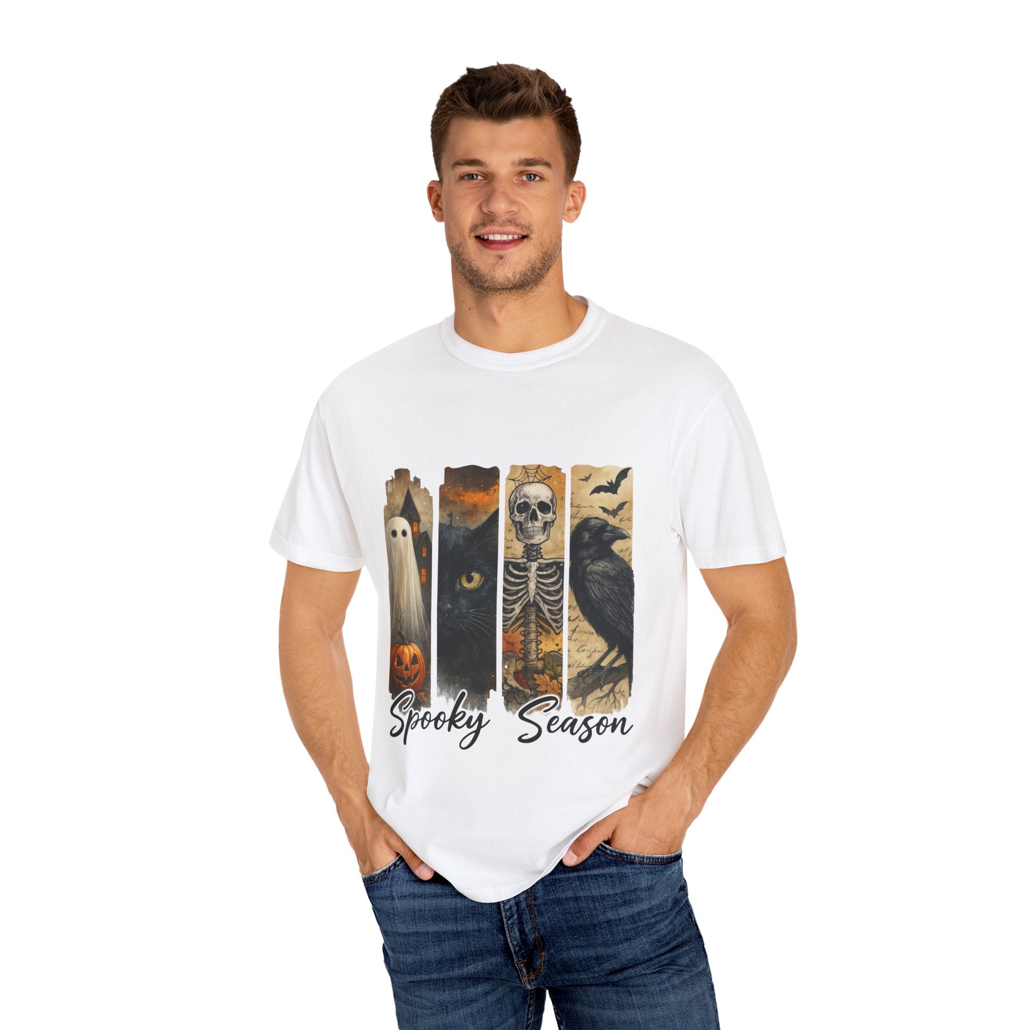 Spooky Season Gothic Halloween T-Shirt – Ghost, Black Cat, Skeleton & Raven Design