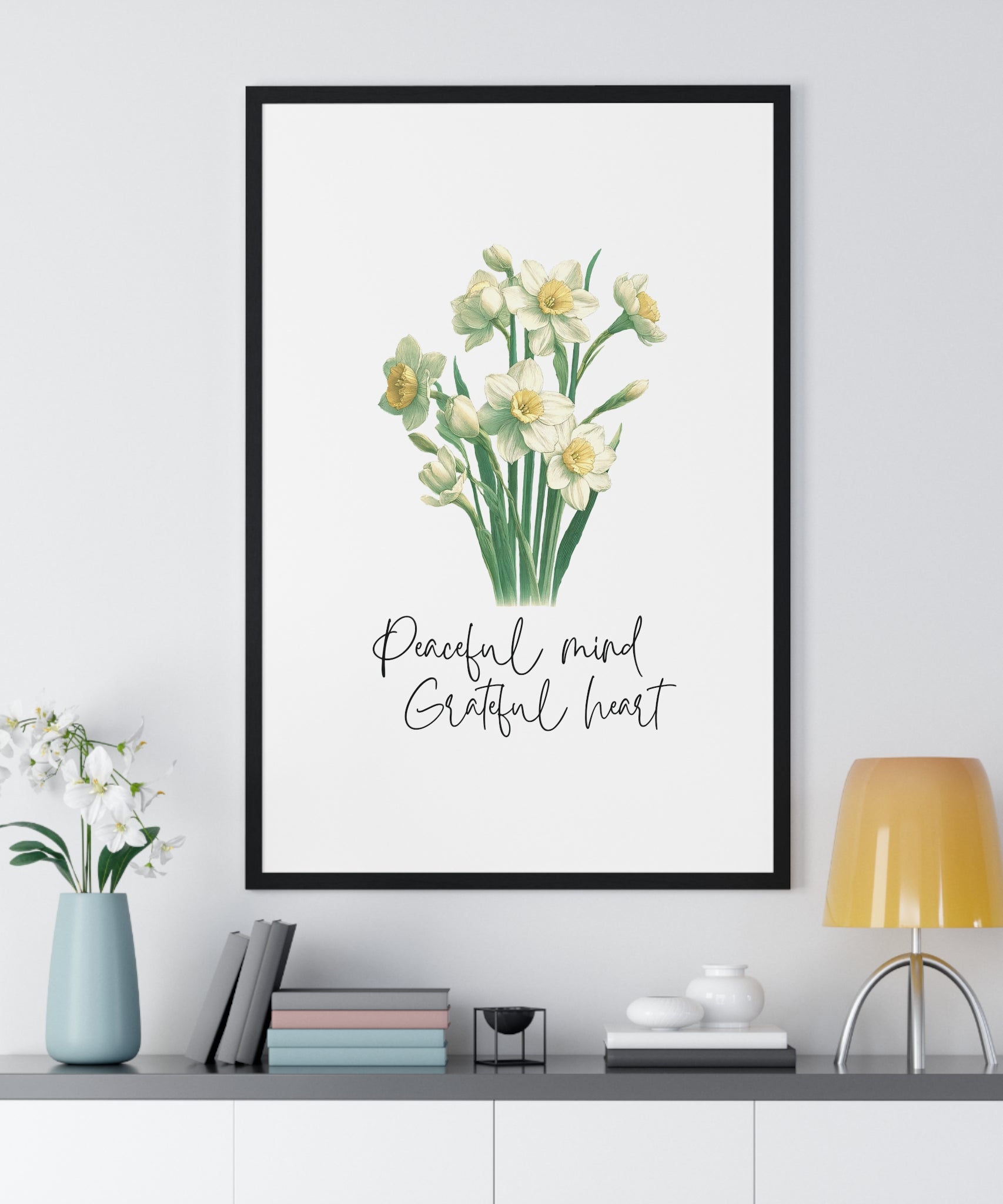 December Birth Month Flower Wall Art – Narcissus Illustration with Inspirational Quote in Wooden Frame | Peaceful Mind & Grateful Heart