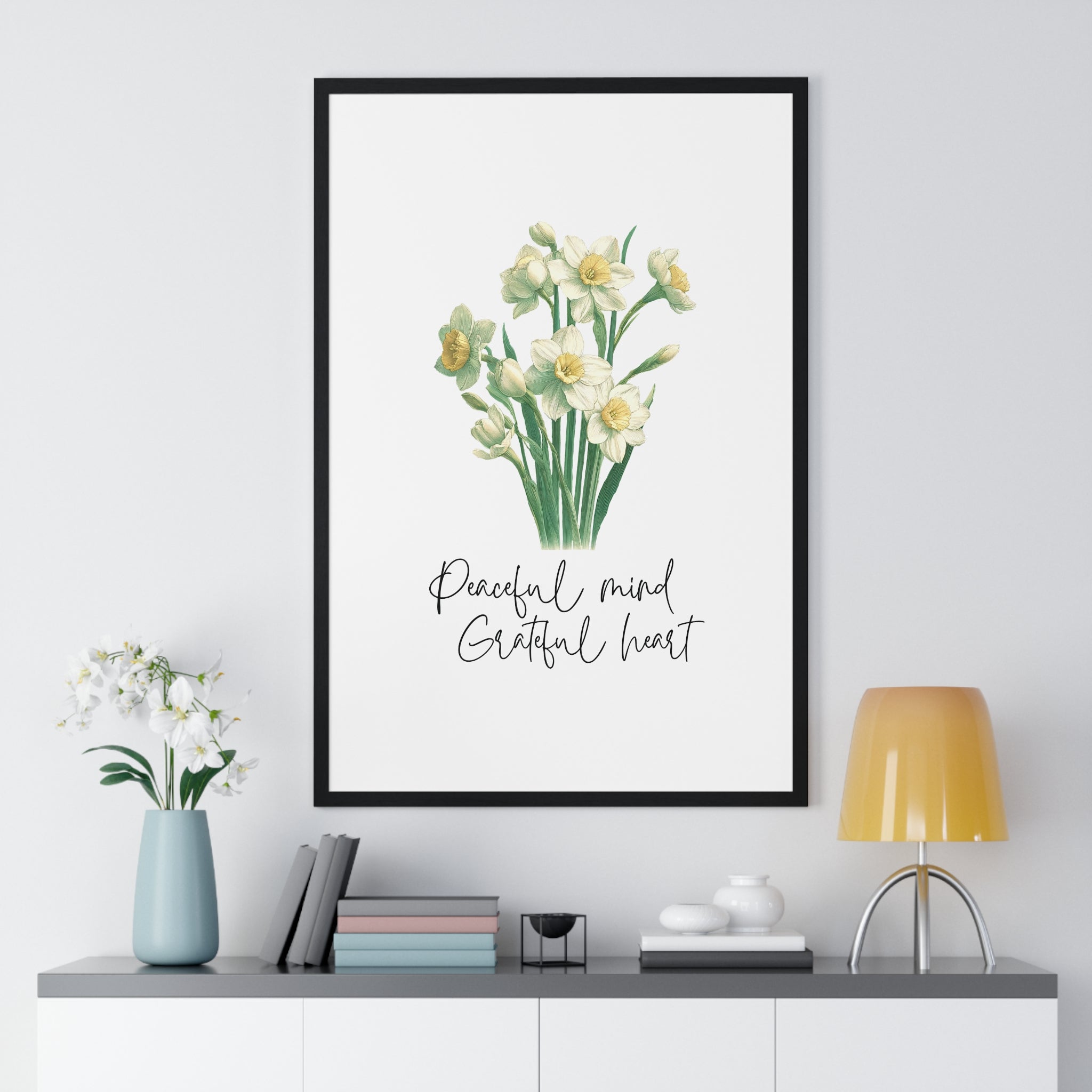 December Birth Month Flower Wall Art – Narcissus Illustration with Inspirational Quote in Wooden Frame | Peaceful Mind & Grateful Heart