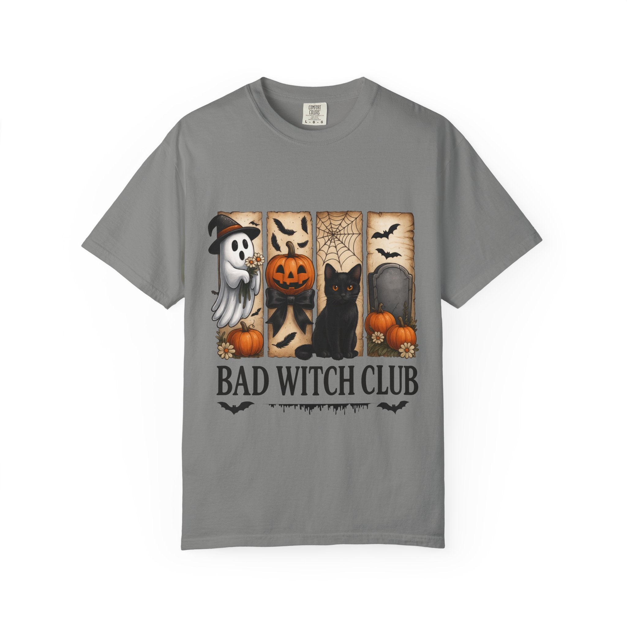 Bad Witch Club Halloween T-Shirt – Cute Ghost, Black Cat, Pumpkin & Spooky Gothic Design