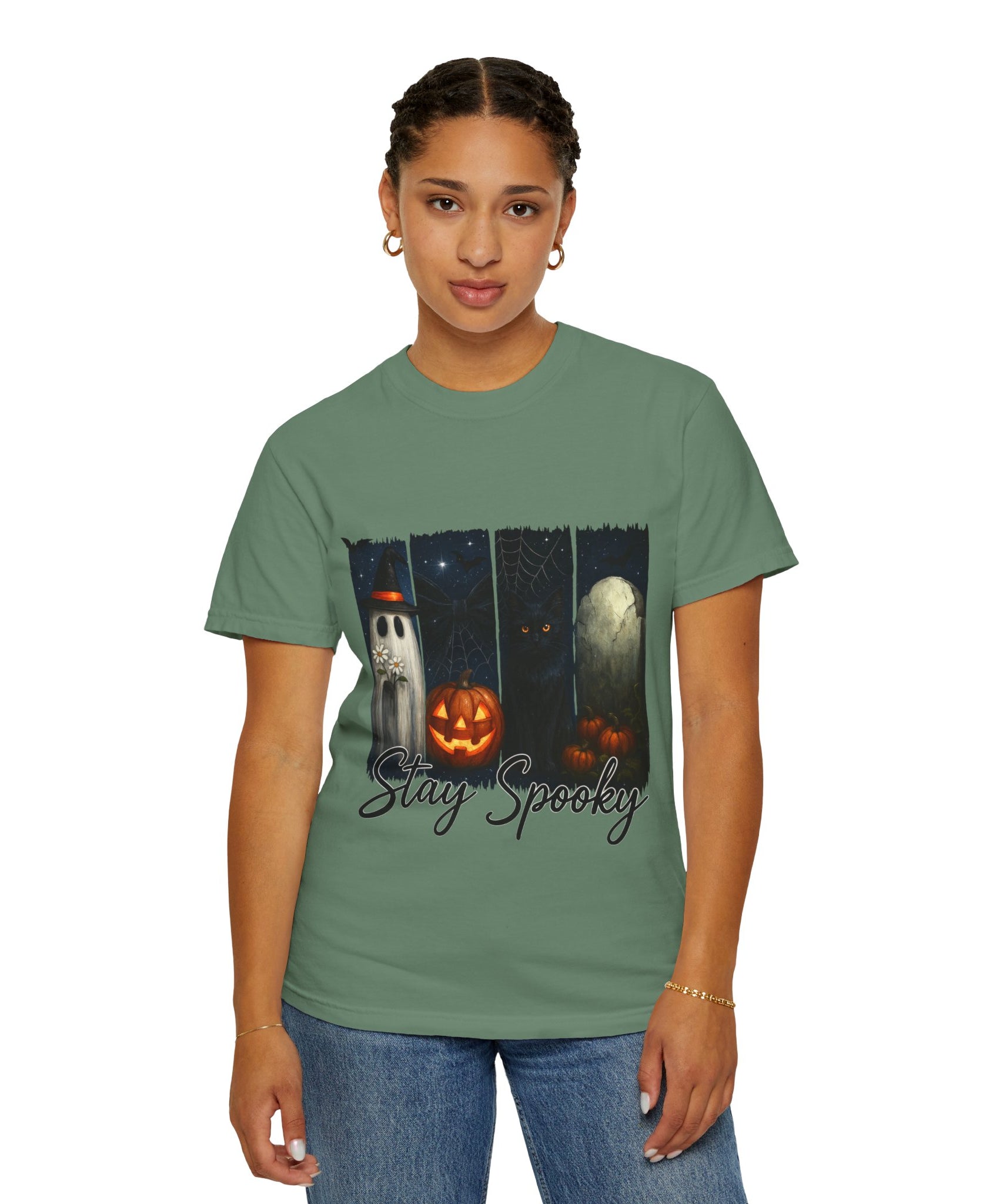 Stay Spooky Halloween T-Shirt – Cute Ghost, Black Cat, Pumpkin & Graveyard Design - Gallory Hive