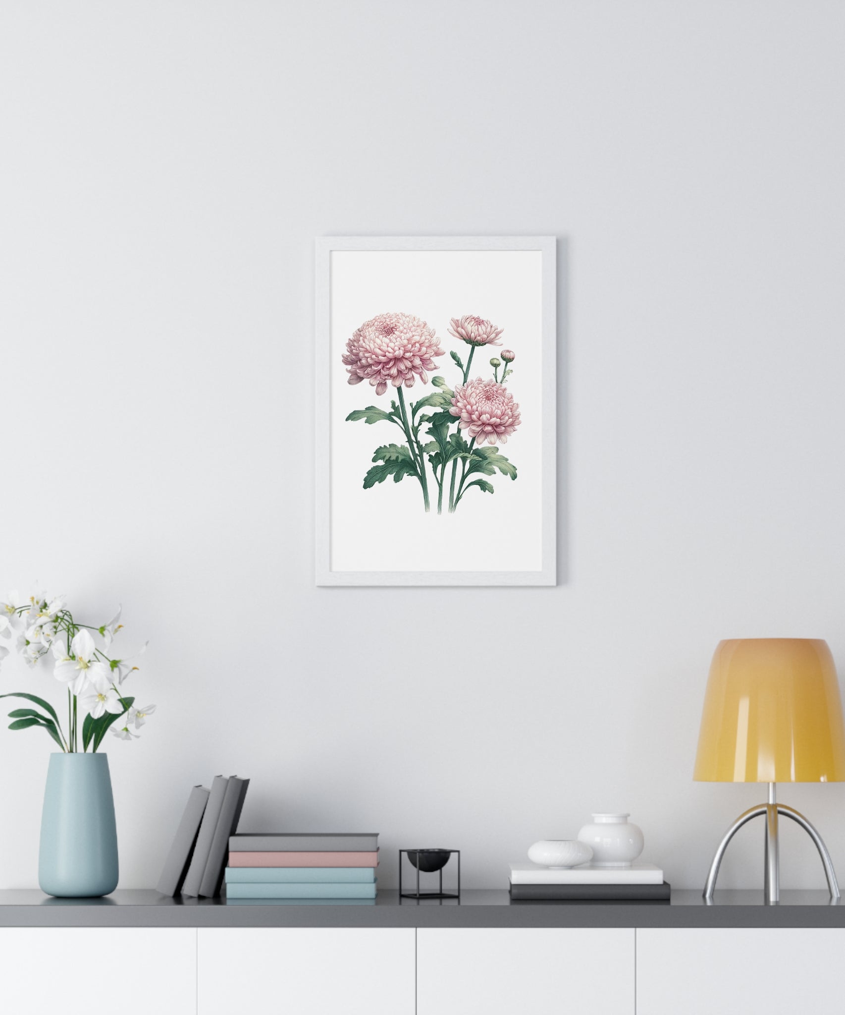 November Birth Month Flower Wall Art – Pink Chrysanthemum Illustration in Wooden Frame | Loyalty, Love & Joy