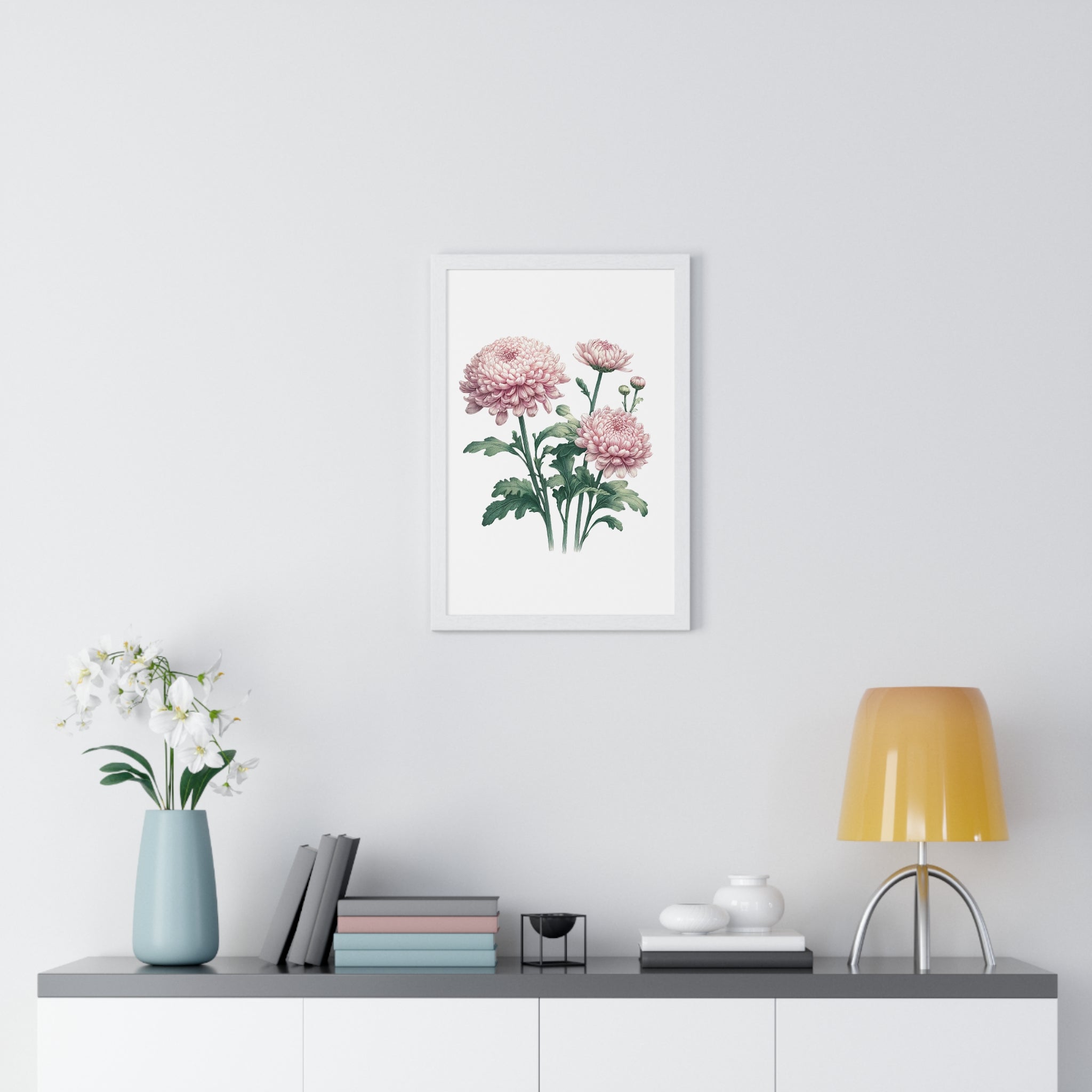 November Birth Month Flower Wall Art – Pink Chrysanthemum Illustration in Wooden Frame | Loyalty, Love & Joy