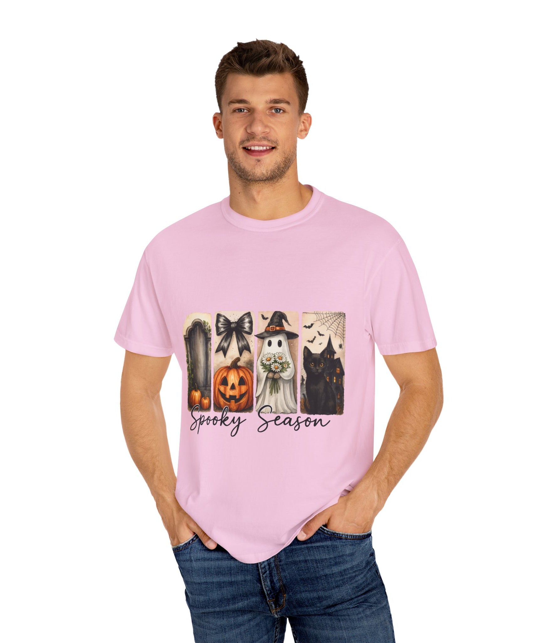 Spooky Season Unisex Halloween T-Shirt – Ghost, Black Cat, Pumpkin & Haunted House Art - Gallory Hive