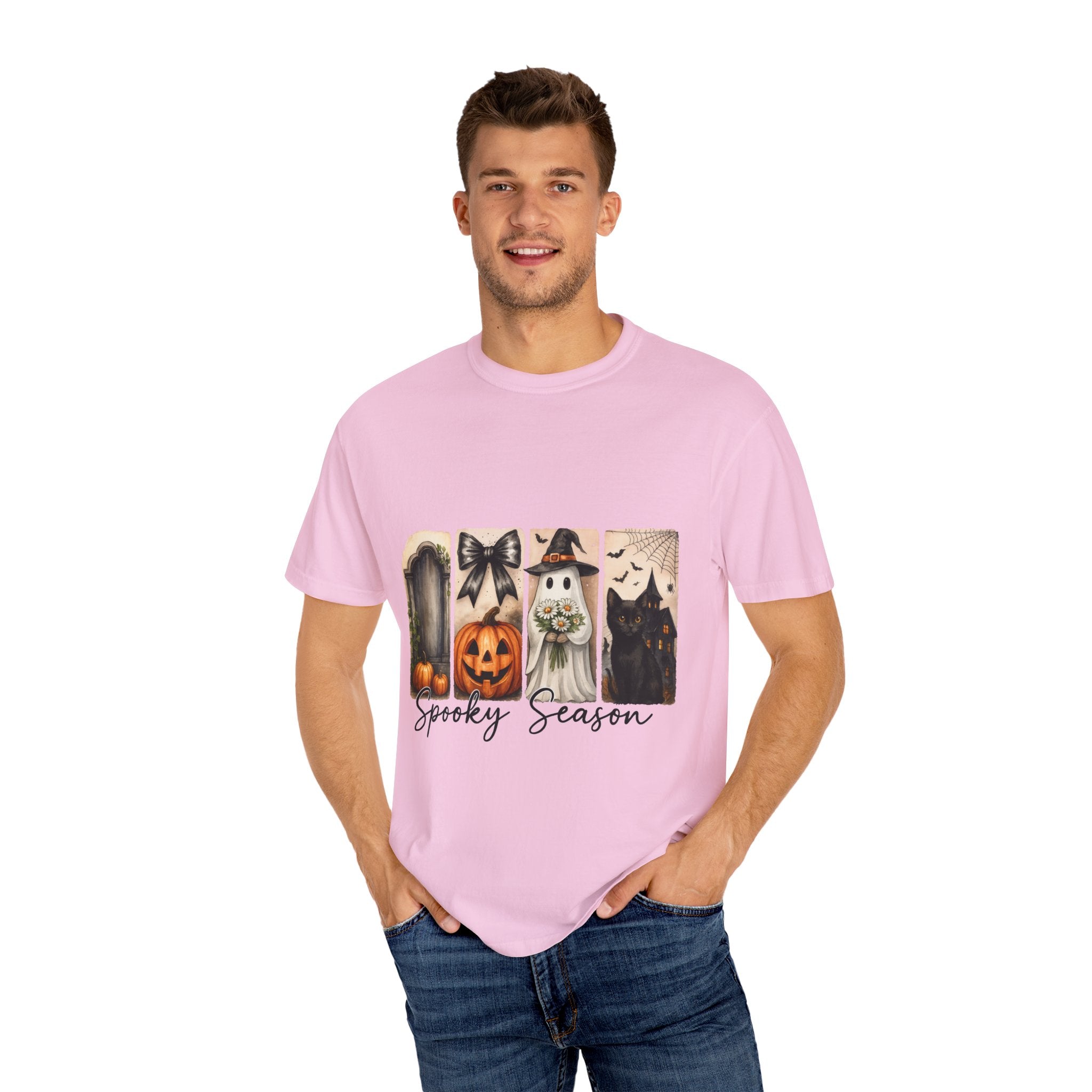 Spooky Season Unisex Halloween T-Shirt – Ghost, Black Cat, Pumpkin & Haunted House Art
