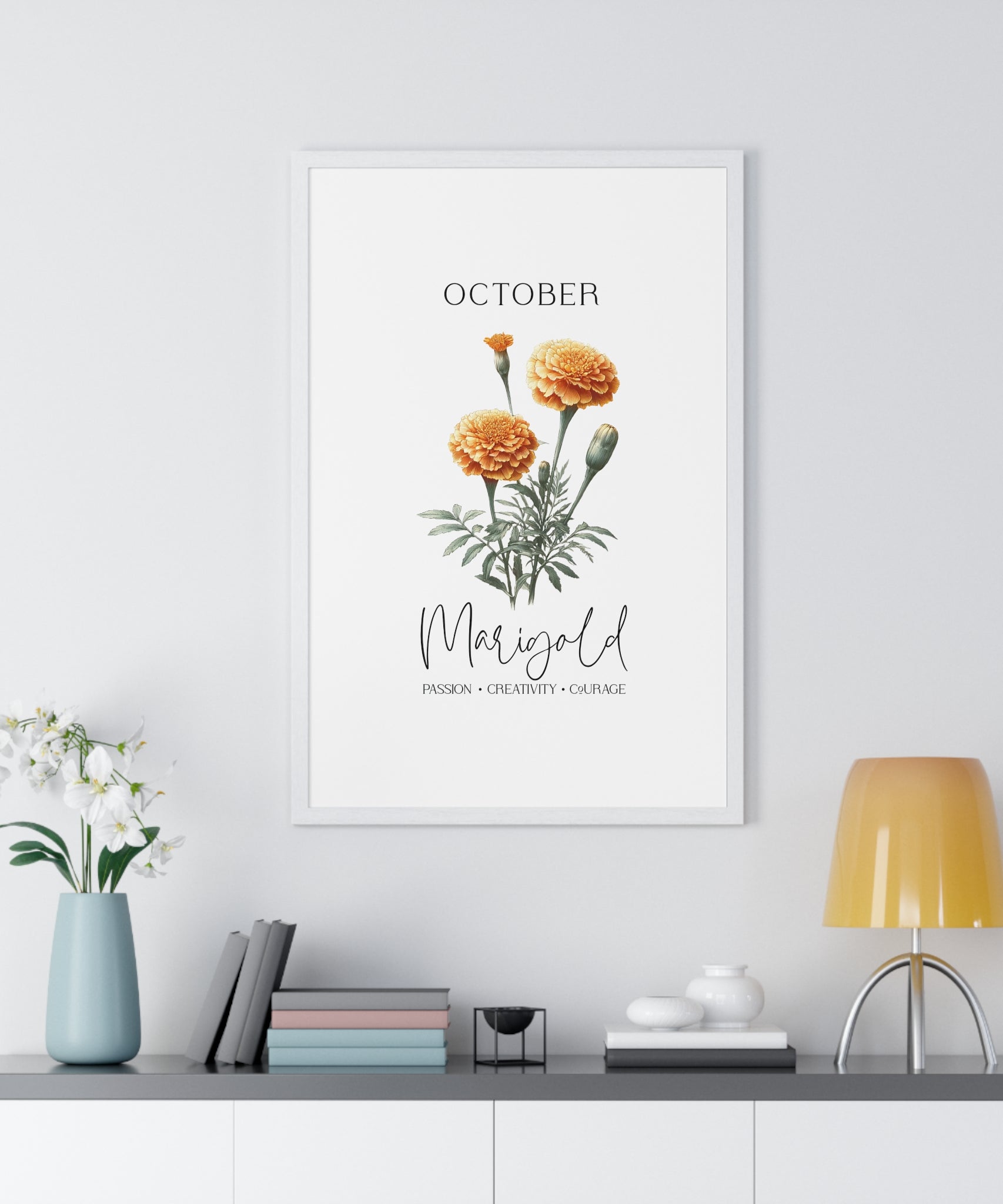 October Birth Month Flower Wall Art – Marigold Illustration in Wooden Frame | Passion, Creativity & Courage