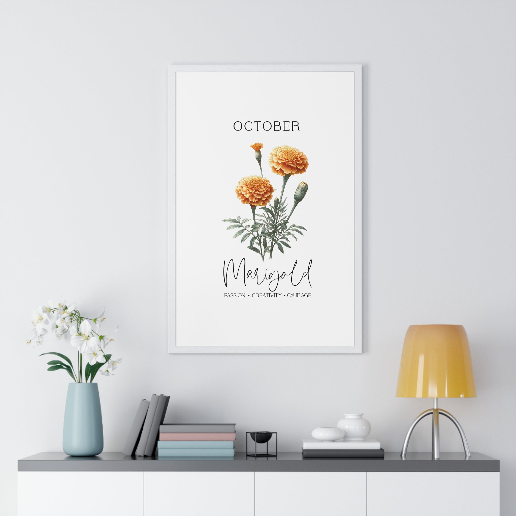 October Birth Month Flower Wall Art – Marigold Illustration in Wooden Frame | Passion, Creativity & Courage
