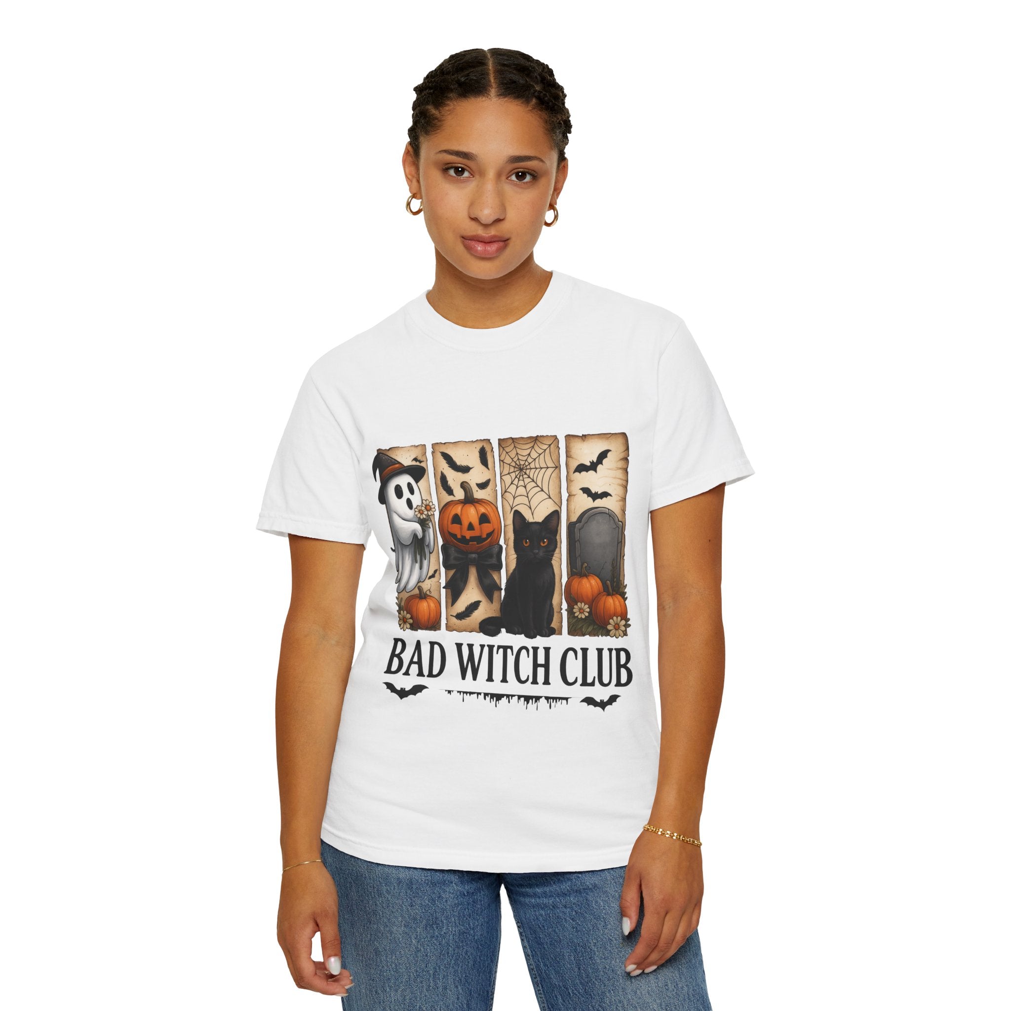 Bad Witch Club Halloween T-Shirt – Cute Ghost, Black Cat, Pumpkin & Spooky Gothic Design