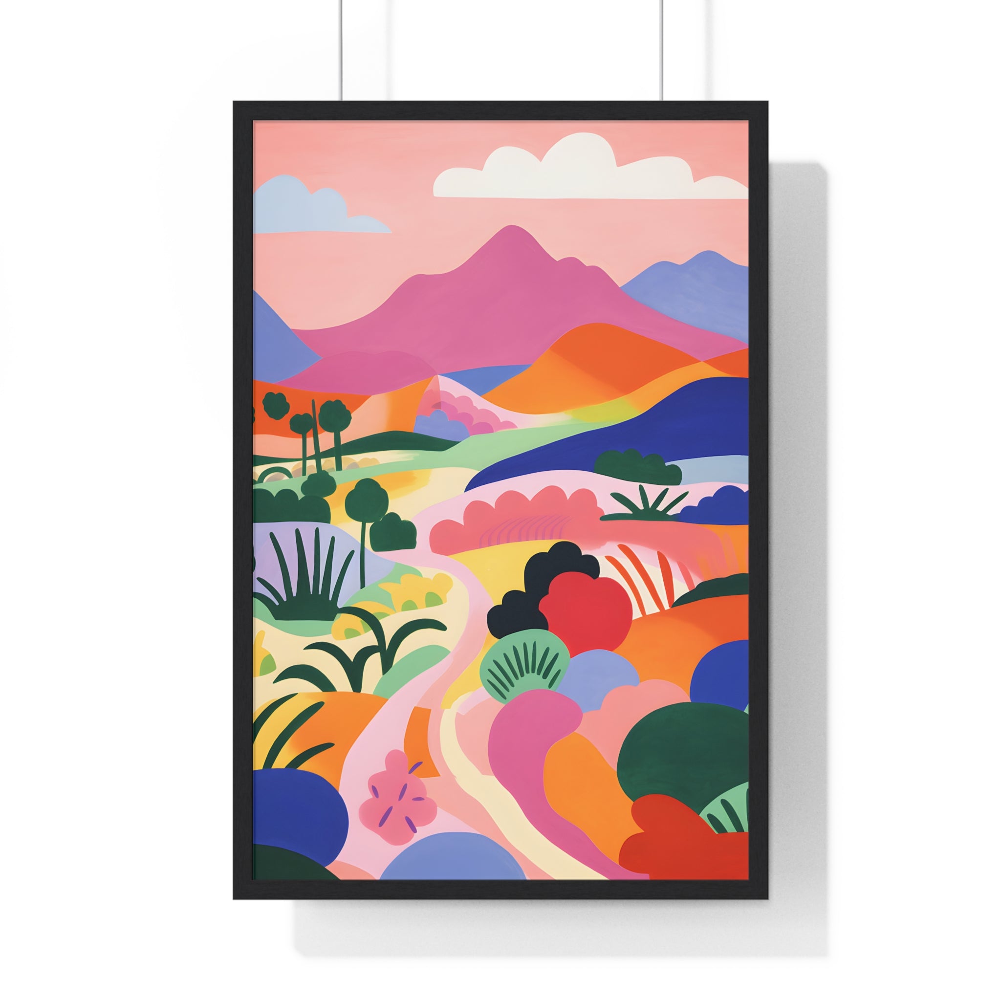 Colorful Landscape Art – Premium Wooden Framed Poster with Hills, Trees & River