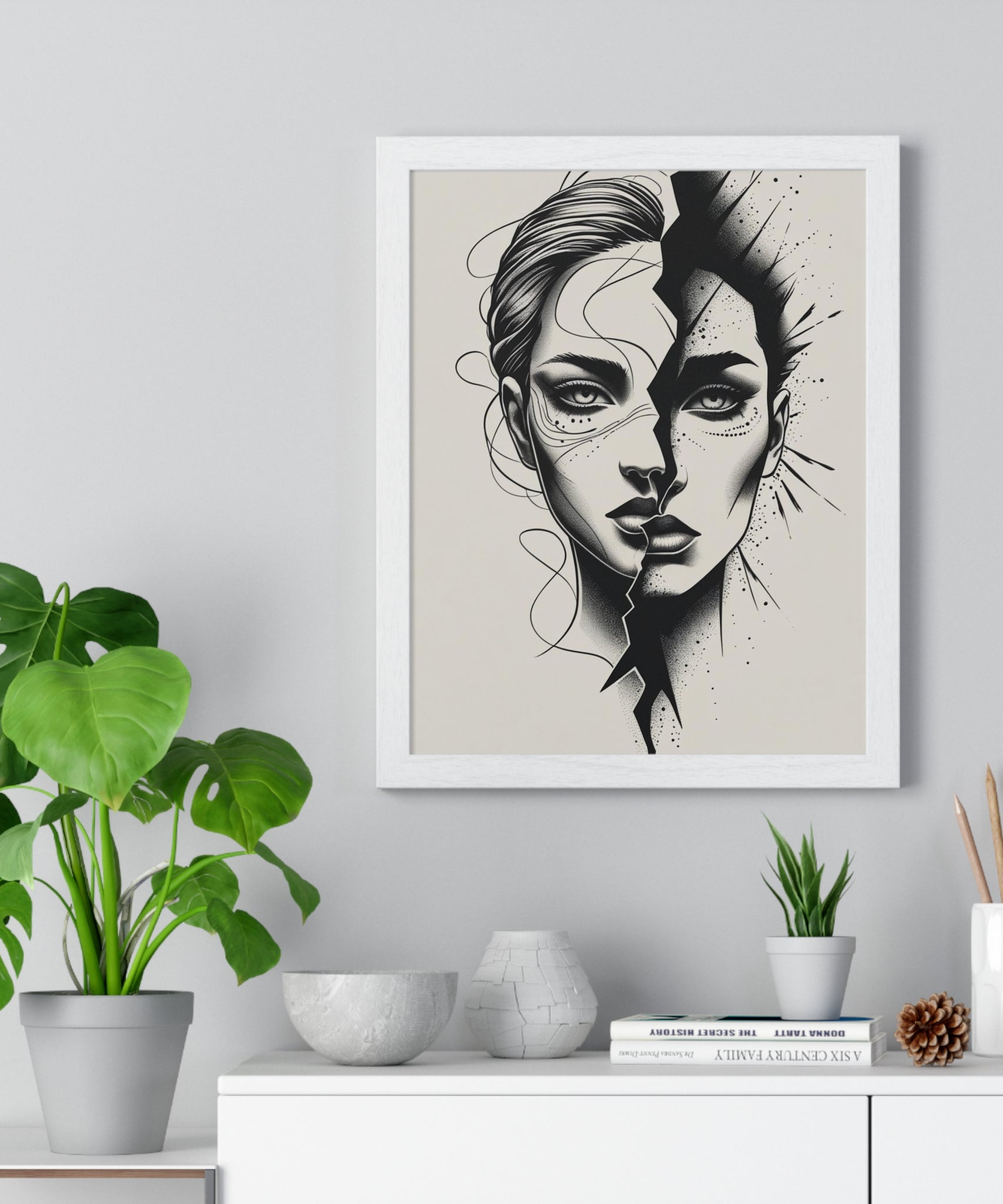 Framed Art Print, Modern Wall Decor, Home Office Gift, Minimalist Split Face Poster, Stylish Artwork - Gallory Hive
