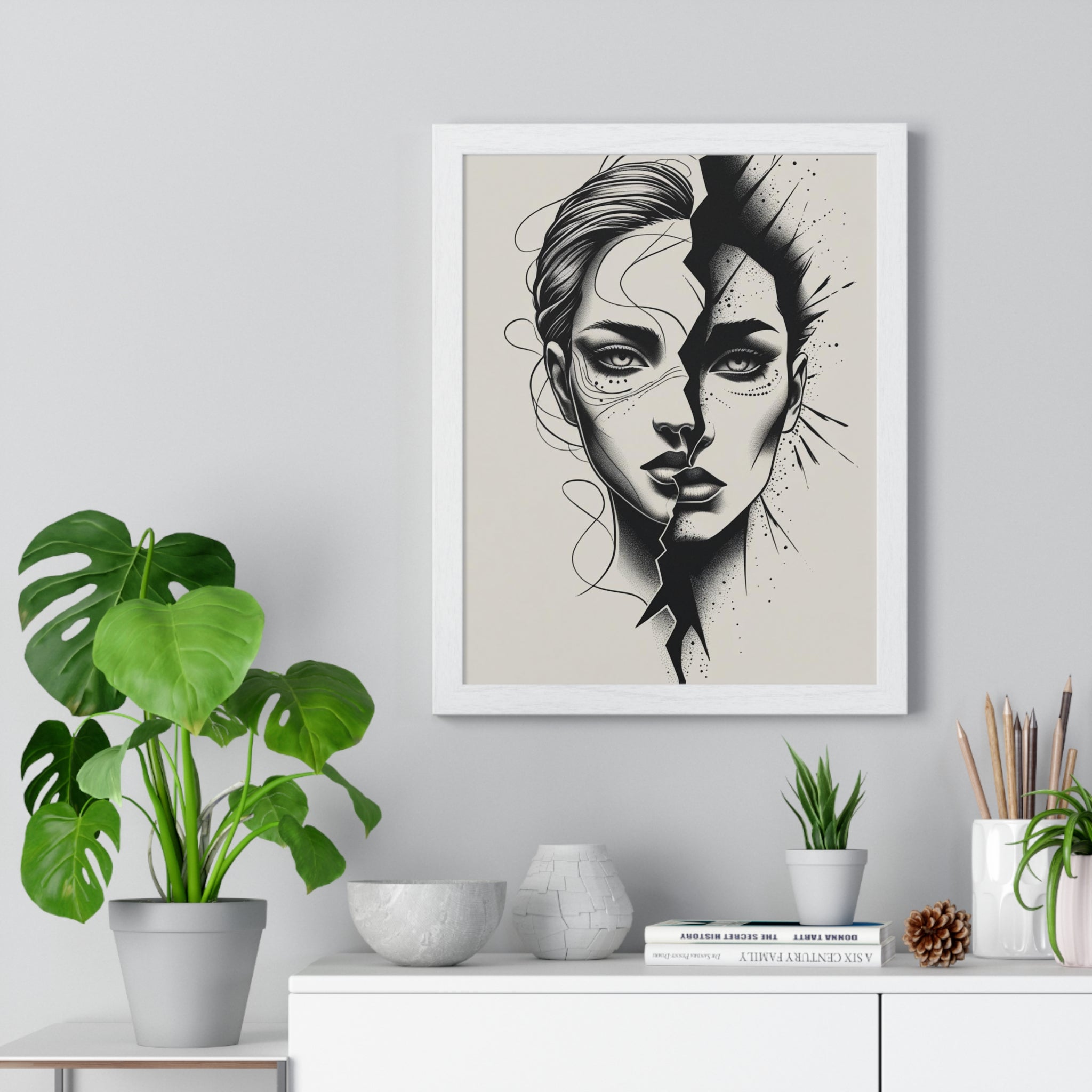 Framed Art Print, Modern Wall Decor, Home Office Gift, Minimalist Split Face Poster, Stylish Artwork