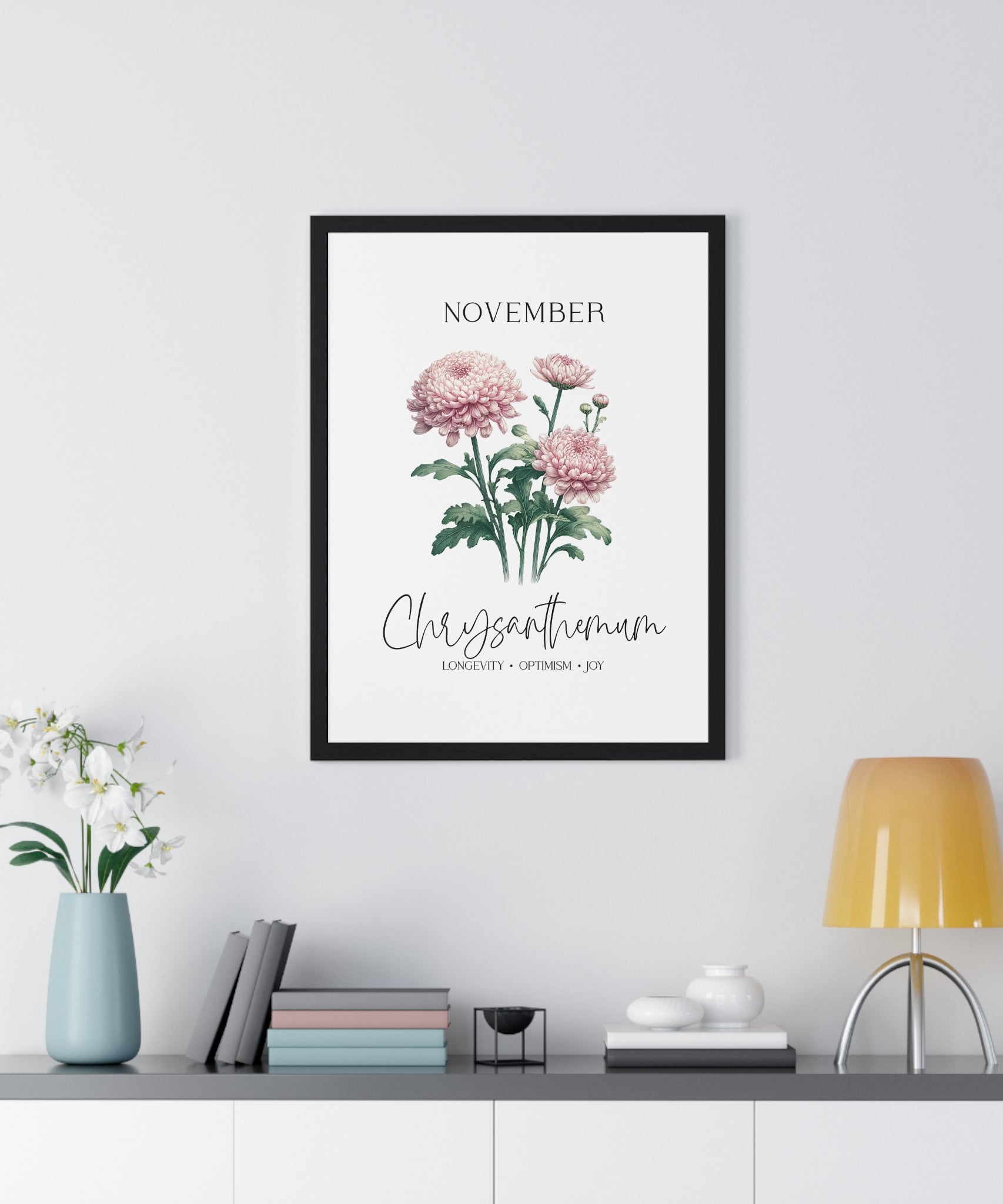 November Birth Month Flower Wall Art – Chrysanthemum Illustration in Wooden Frame | Longevity, Optimism & Joy