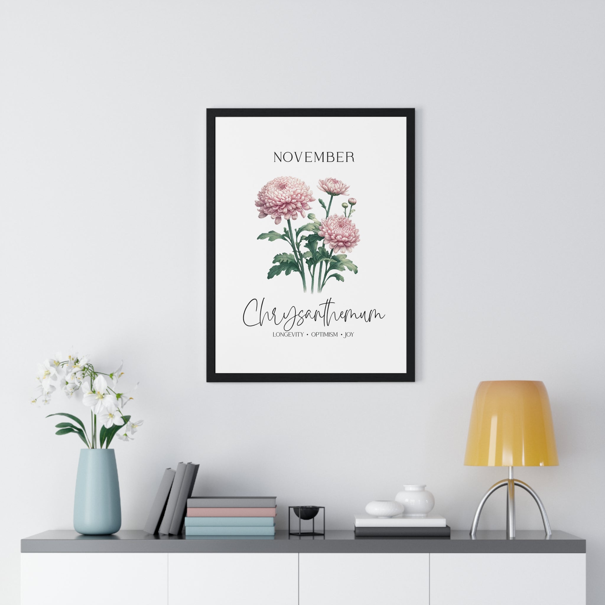 November Birth Month Flower Wall Art – Chrysanthemum Illustration in Wooden Frame | Longevity, Optimism & Joy