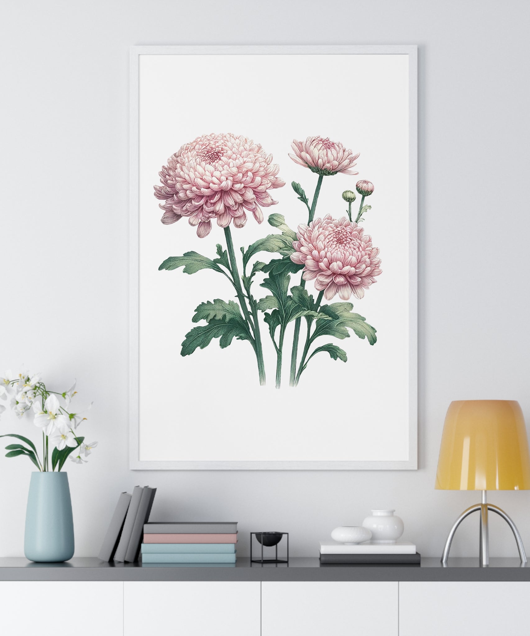 November Birth Month Flower Wall Art – Pink Chrysanthemum Illustration in Wooden Frame | Loyalty, Love & Joy
