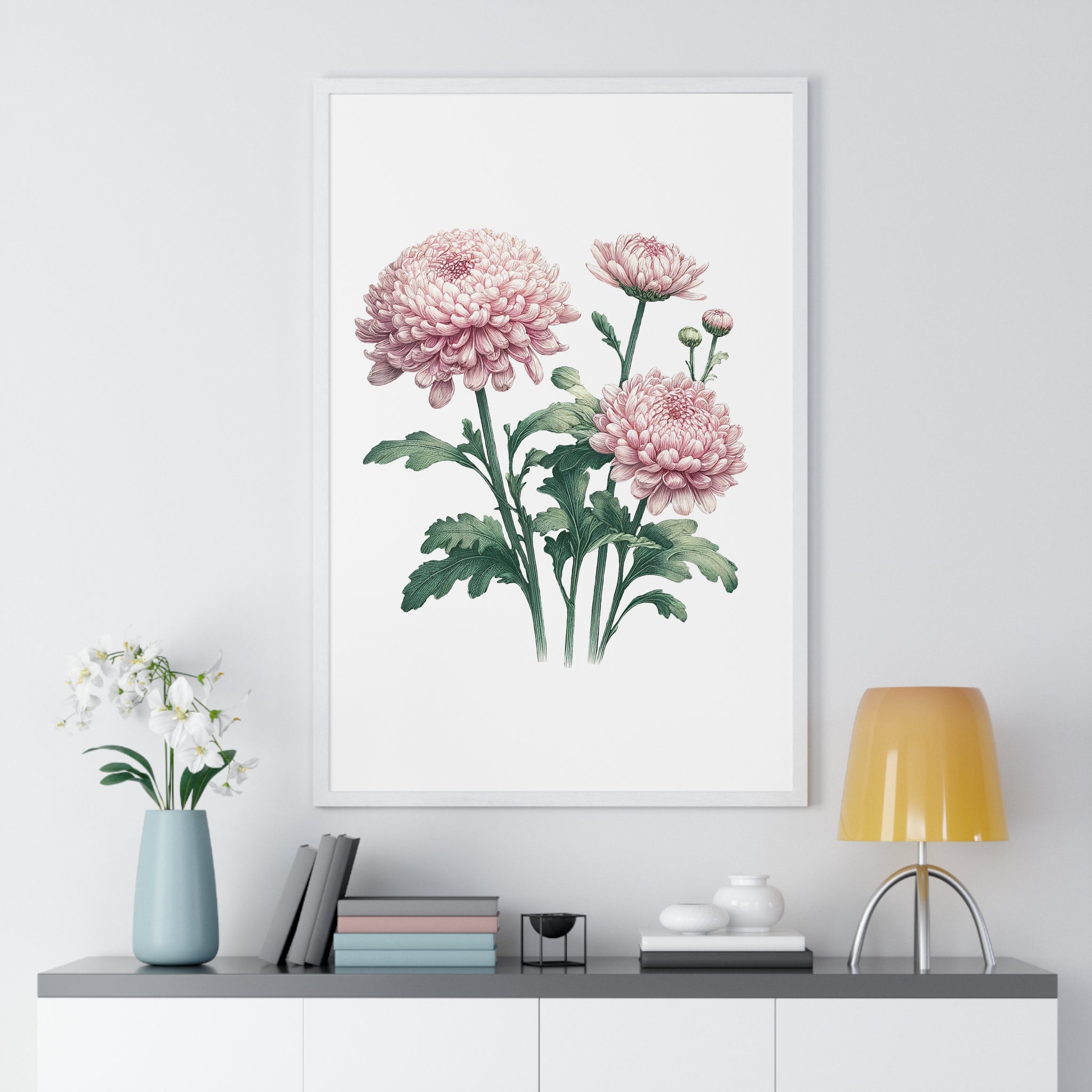 November Birth Month Flower Wall Art – Pink Chrysanthemum Illustration in Wooden Frame | Loyalty, Love & Joy